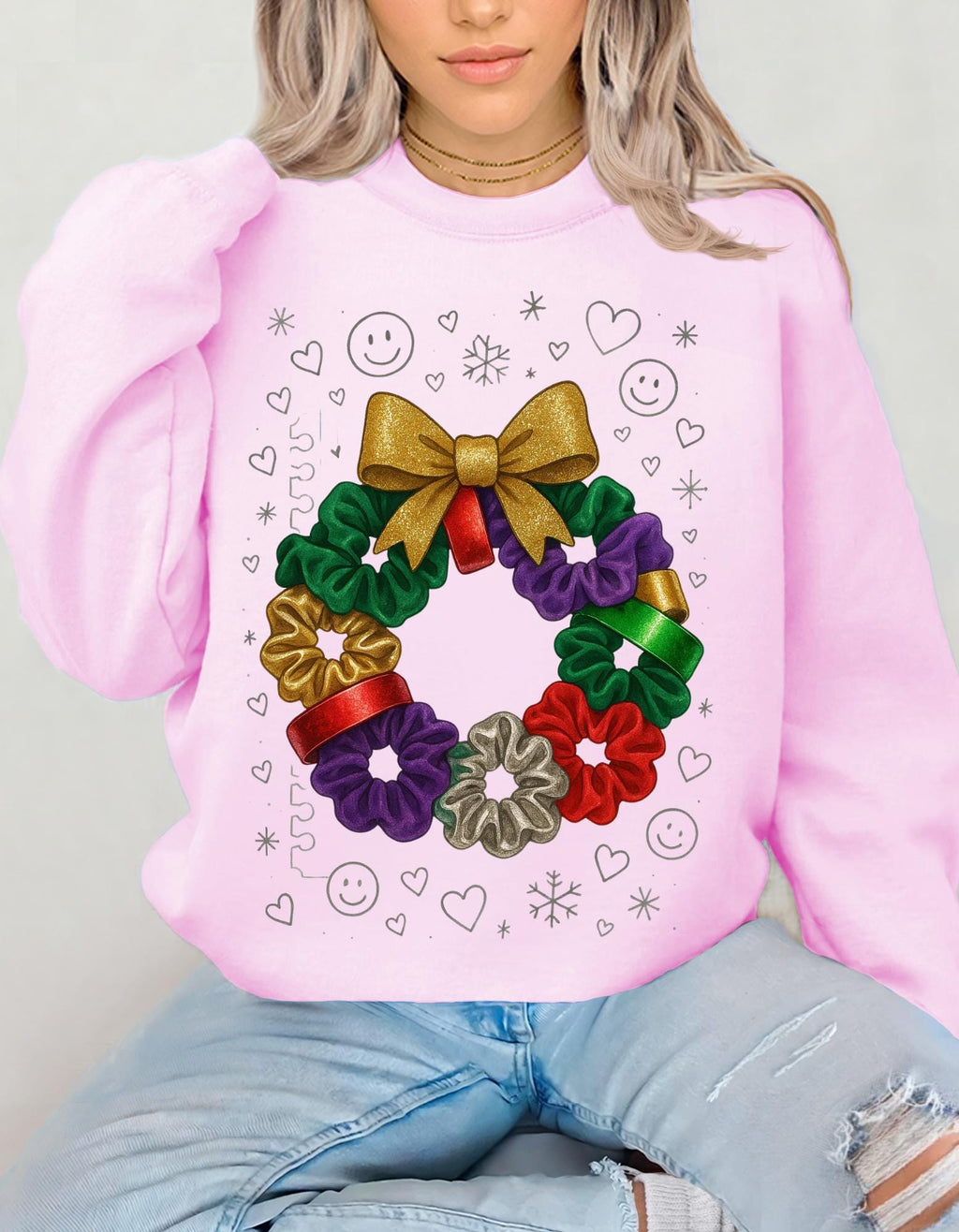 Colorful 90s Scrunchie Wreath Sweatshirt Holiday Bow Poinsettia Christmas Festive Crew Winter Sweater Gift