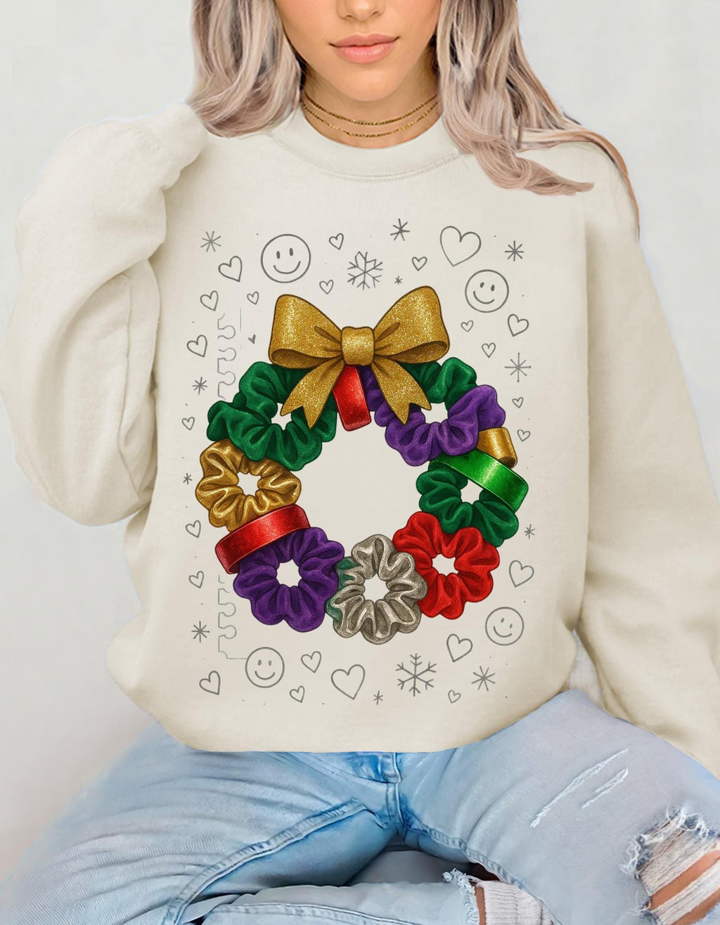 Colorful 90s Scrunchie Wreath Sweatshirt Holiday Bow Poinsettia Christmas Festive Crew Winter Sweater Gift