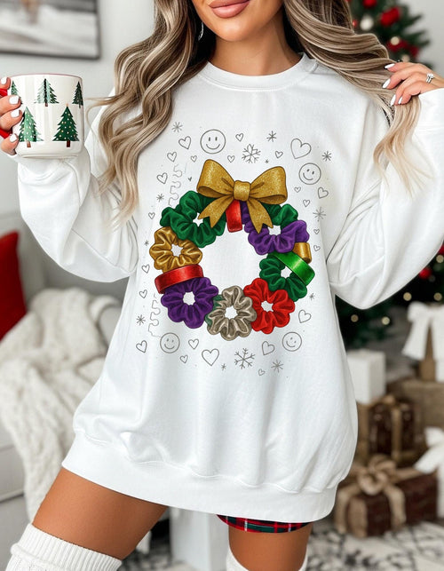 Colorful 90s Scrunchie Wreath Sweatshirt Holiday Bow Poinsettia Christmas Festive Crew Winter Sweater Gift