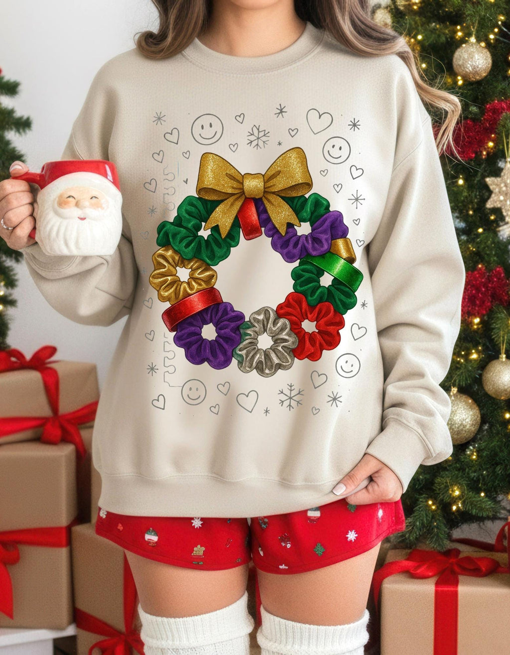 Colorful 90s Scrunchie Wreath Sweatshirt Holiday Bow Poinsettia Christmas Festive Crew Winter Sweater Gift