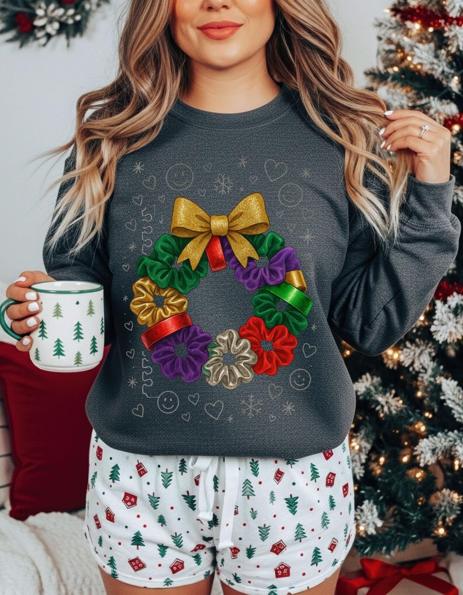 Colorful 90s Scrunchie Wreath Sweatshirt Holiday Bow Poinsettia Christmas Festive Crew Winter Sweater Gift