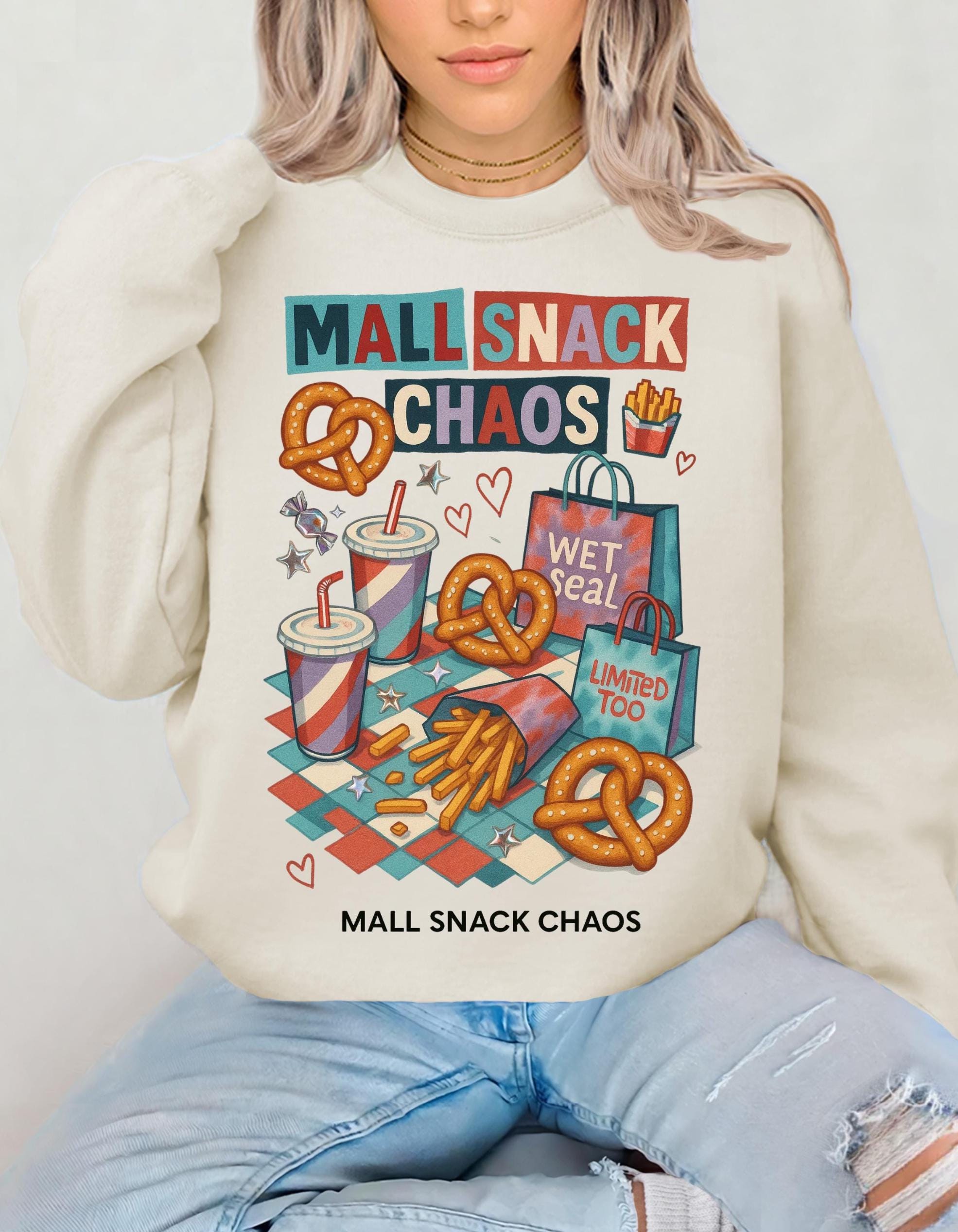 Y2K Mall Snack Chaos Sweatshirt - 2000s Food Court Pretzel Fries Nostalgic Crewneck Graphic Tee