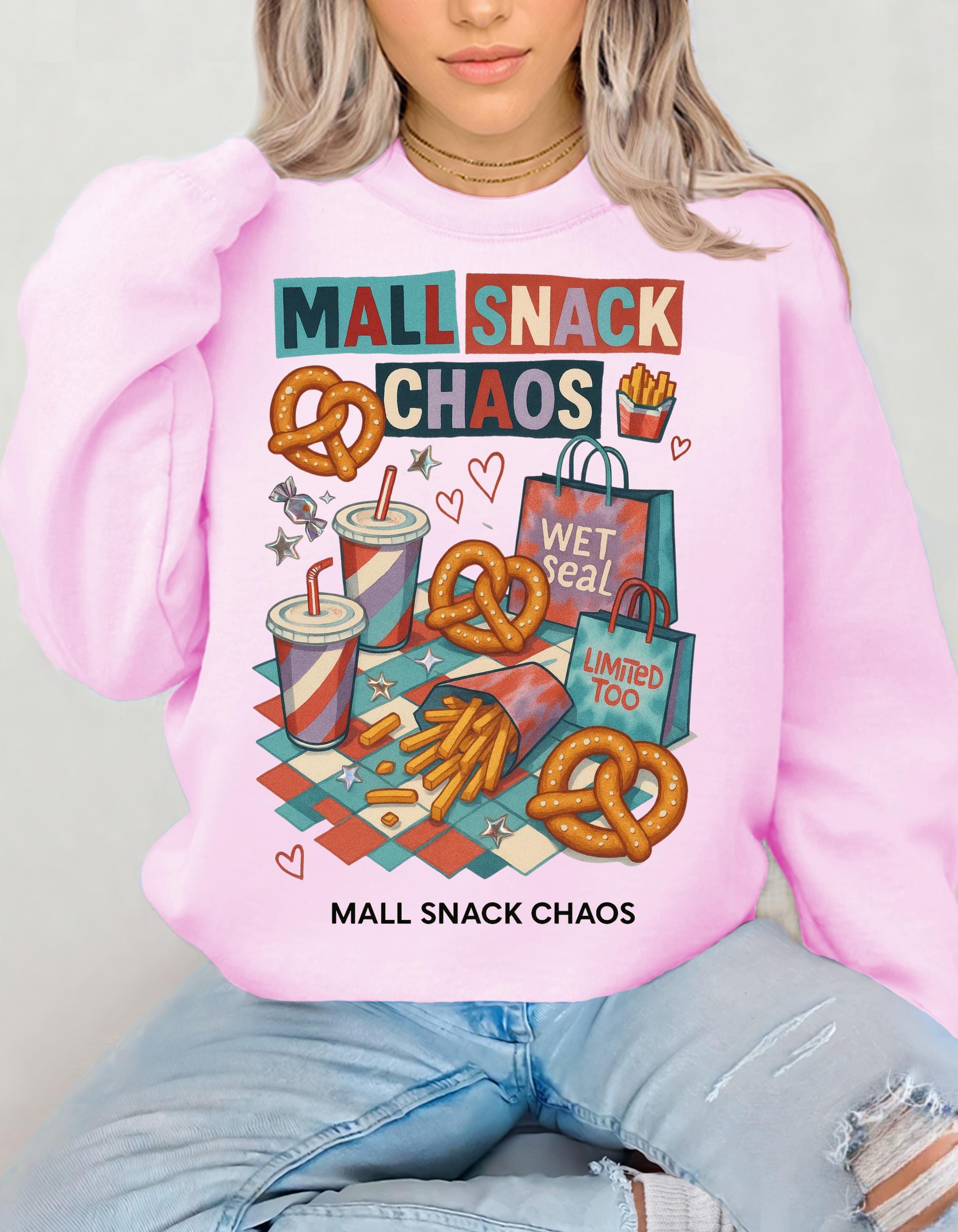 Y2K Mall Snack Chaos Sweatshirt - 2000s Food Court Pretzel Fries Nostalgic Crewneck Graphic Tee