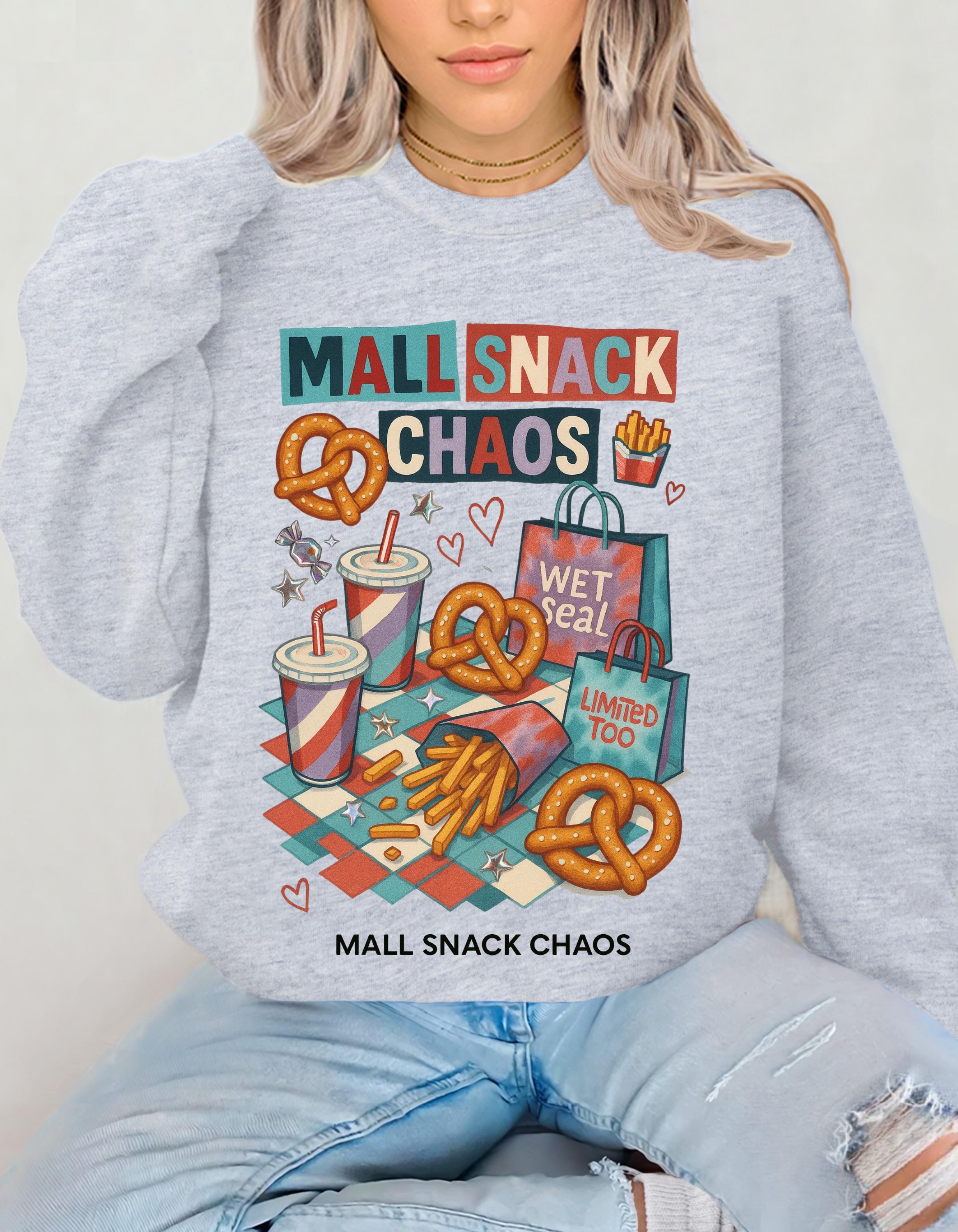 Y2K Mall Snack Chaos Sweatshirt - 2000s Food Court Pretzel Fries Nostalgic Crewneck Graphic Tee