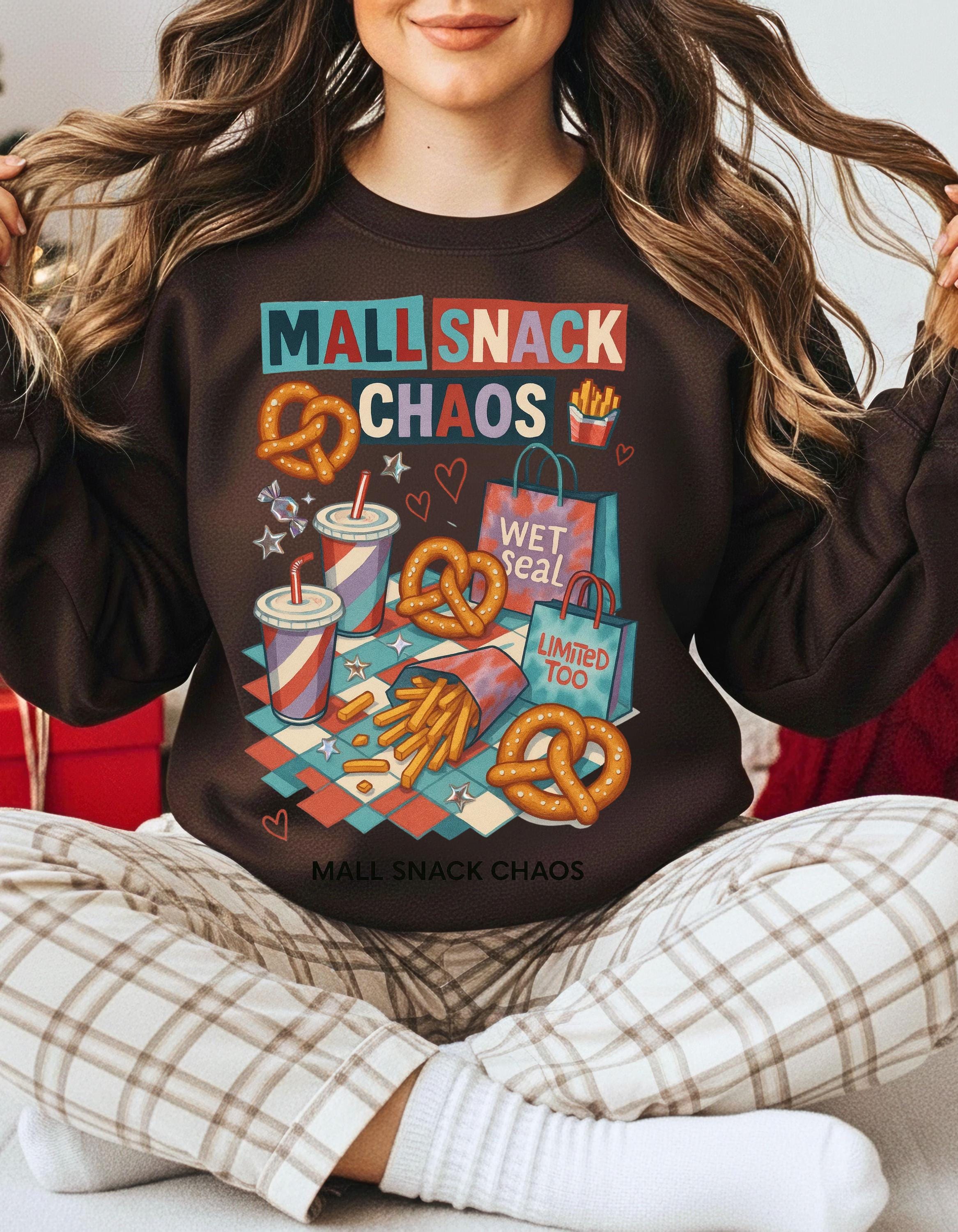 Y2K Mall Snack Chaos Sweatshirt - 2000s Food Court Pretzel Fries Nostalgic Crewneck Graphic Tee