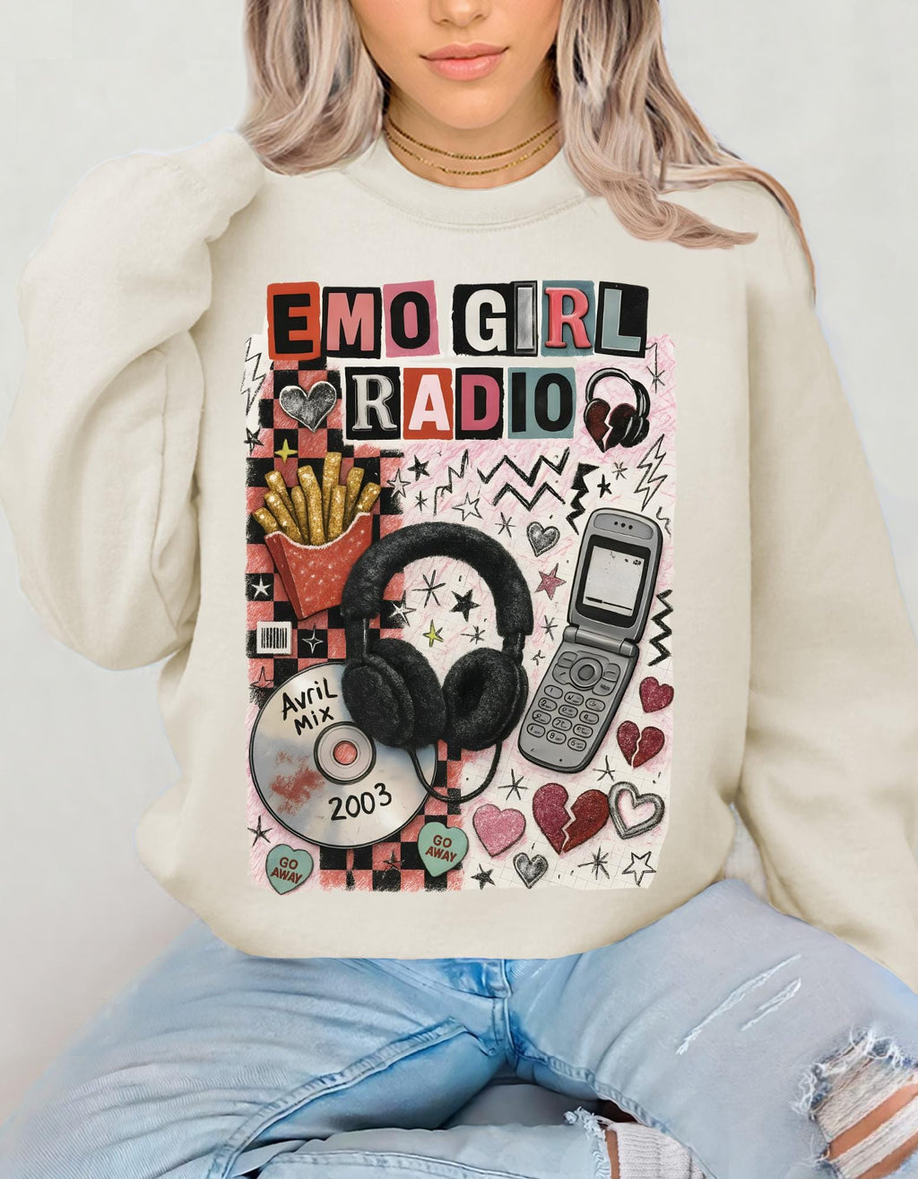 Emo Girl Radio collage Crewneck Sweatshirt | headphones, CD, retro phone