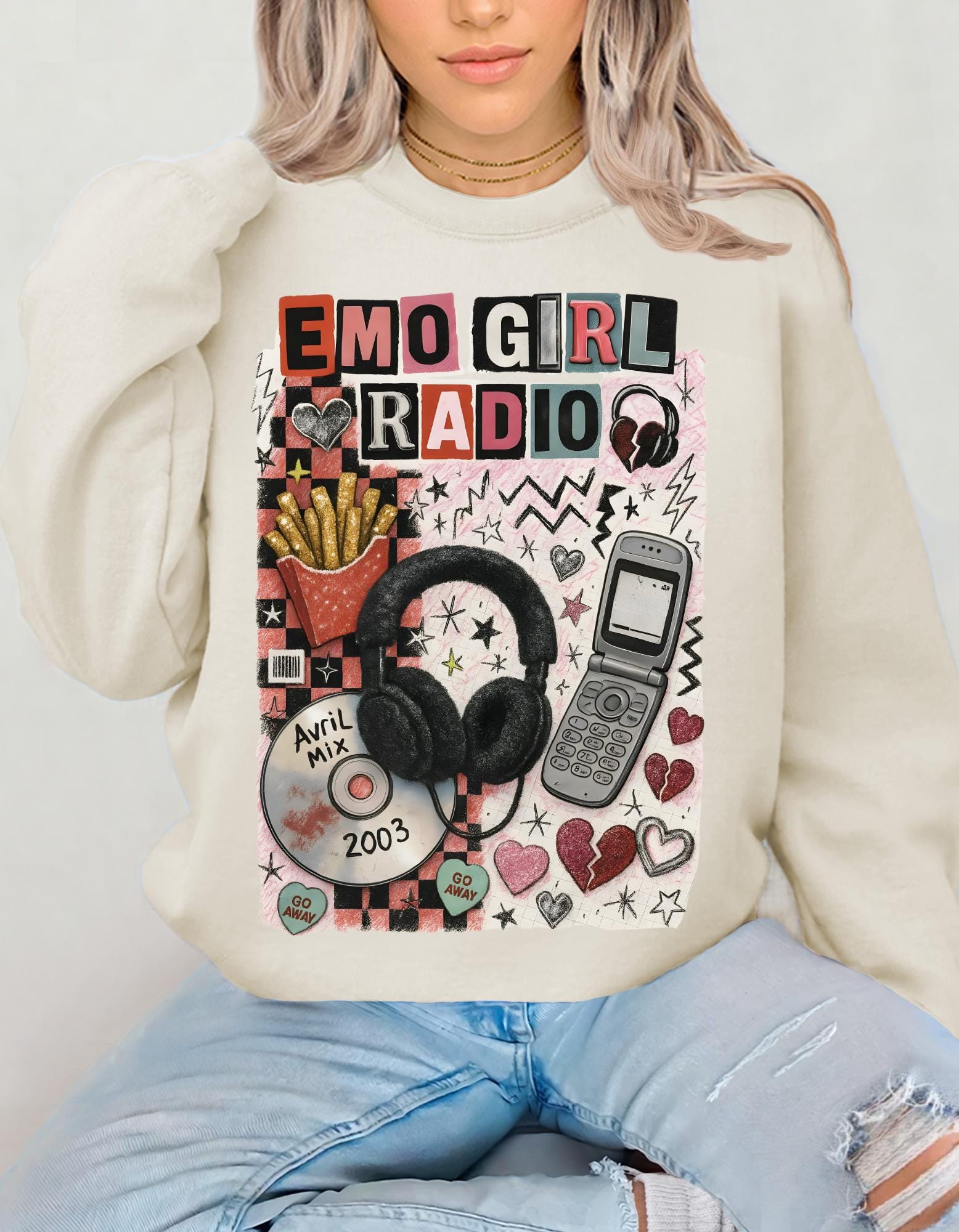 Emo Girl Radio collage Crewneck Sweatshirt | headphones, CD, retro phone