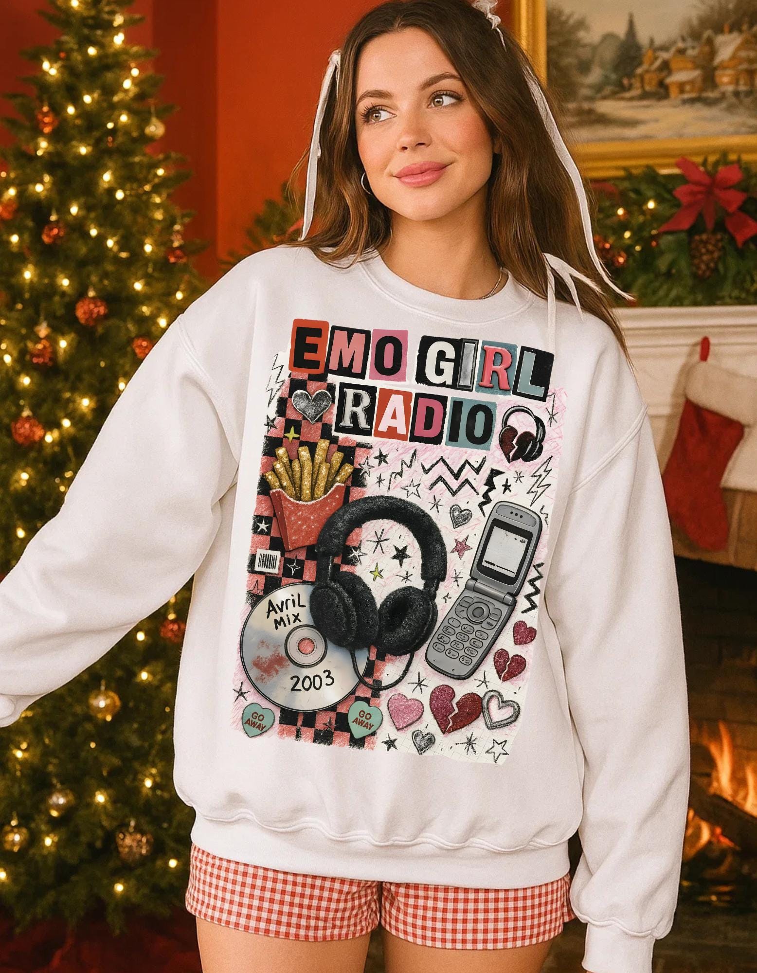 Emo Girl Radio collage Crewneck Sweatshirt | headphones, CD, retro phone