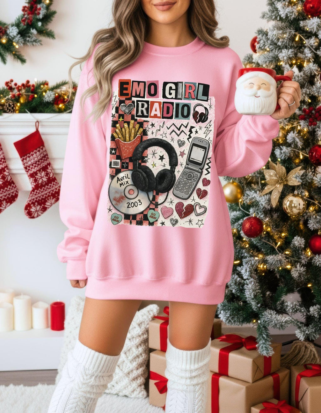 Emo Girl Radio collage Crewneck Sweatshirt | headphones, CD, retro phone