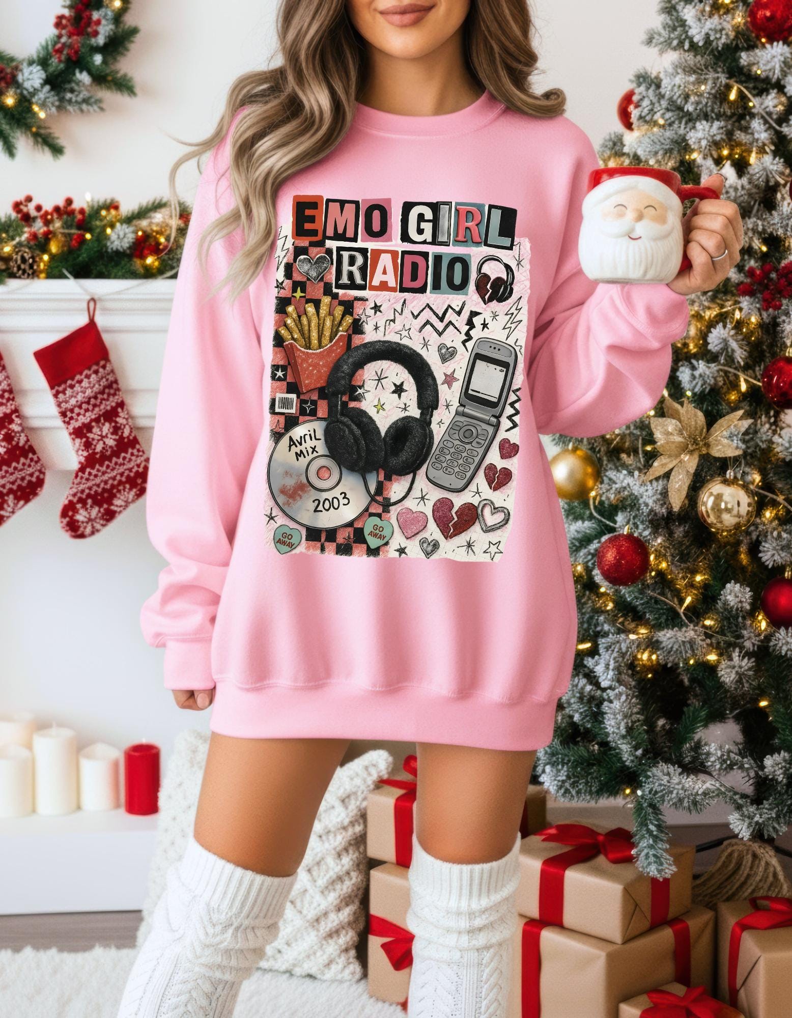 Emo Girl Radio collage Crewneck Sweatshirt | headphones, CD, retro phone