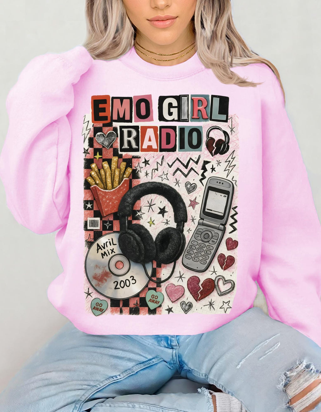 Emo Girl Radio collage Crewneck Sweatshirt | headphones, CD, retro phone