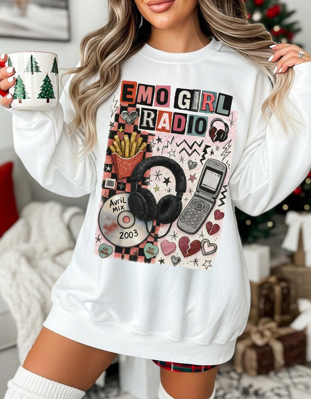 Emo Girl Radio collage Crewneck Sweatshirt | headphones, CD, retro phone
