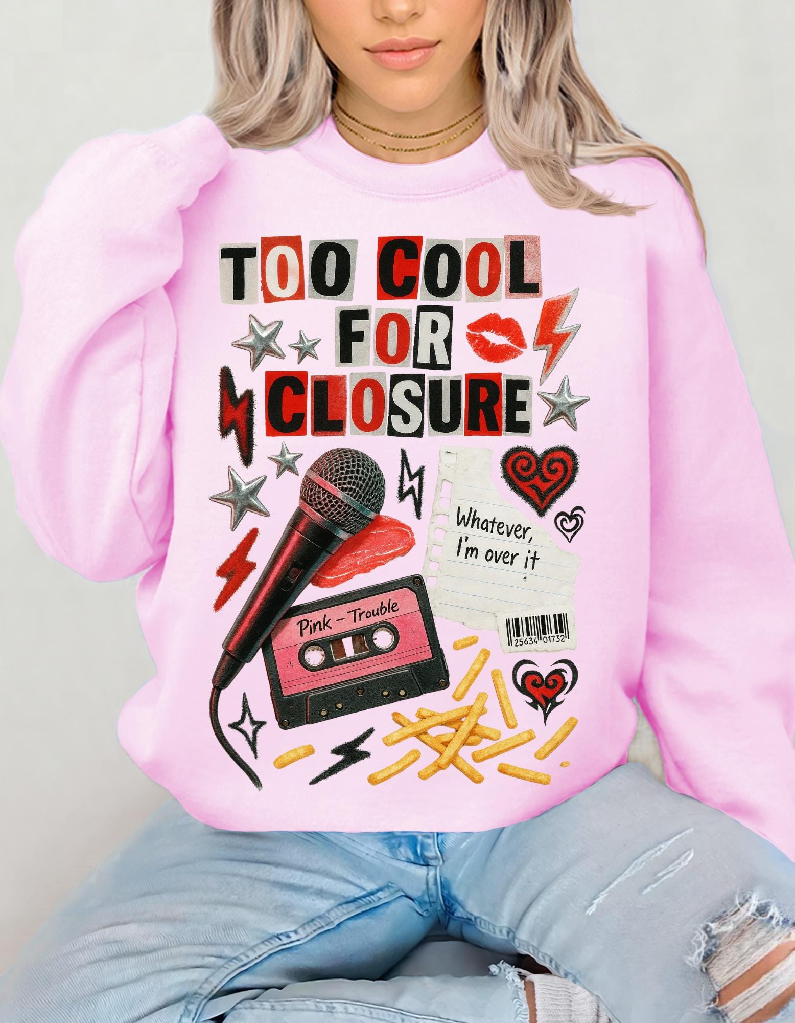 Too Cool For Closure Graphic Cassette Sweatshirt | Retro Punk Lightning Hearts Vintage Music Pullover