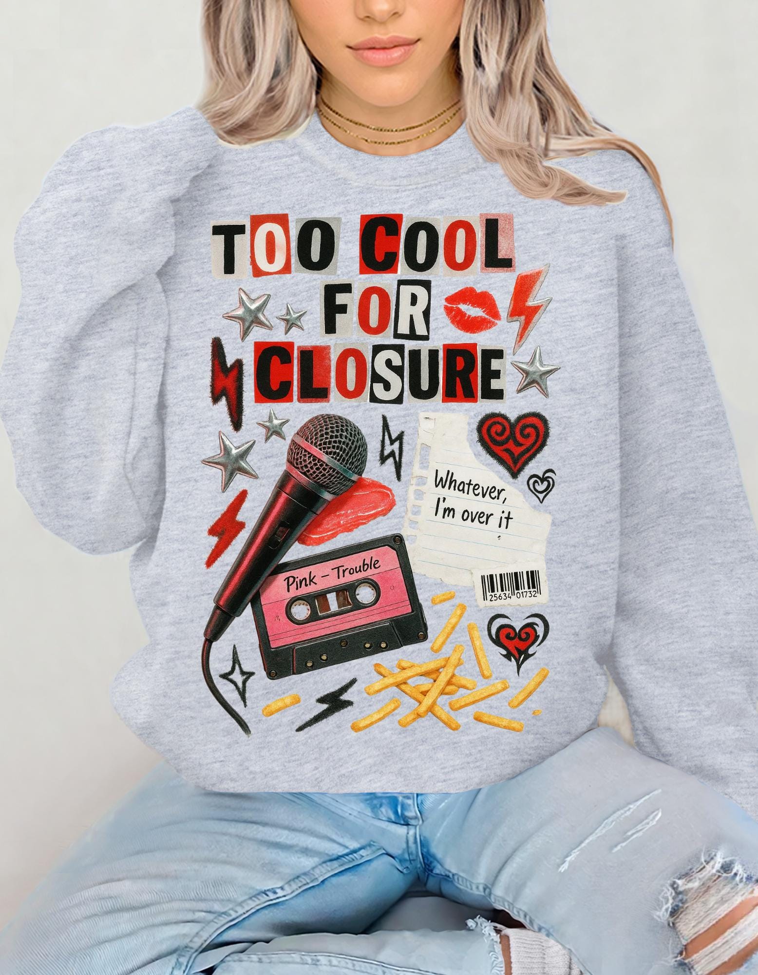 Too Cool For Closure Graphic Cassette Sweatshirt | Retro Punk Lightning Hearts Vintage Music Pullover