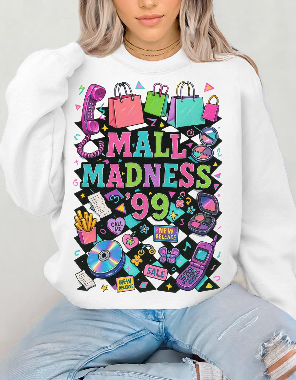 Mall Madness 99 Graphic Sweatshirt | Shopping Retro Arcade Design Unisex Crewneck