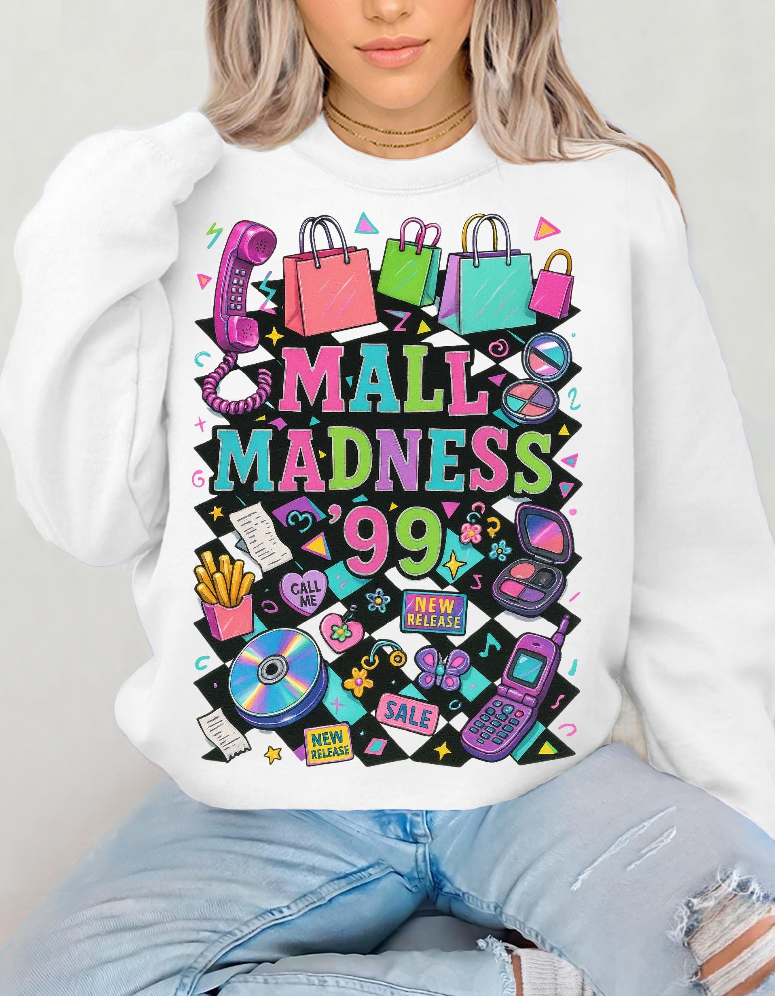 Mall Madness 99 Graphic Sweatshirt | Shopping Retro Arcade Design Unisex Crewneck