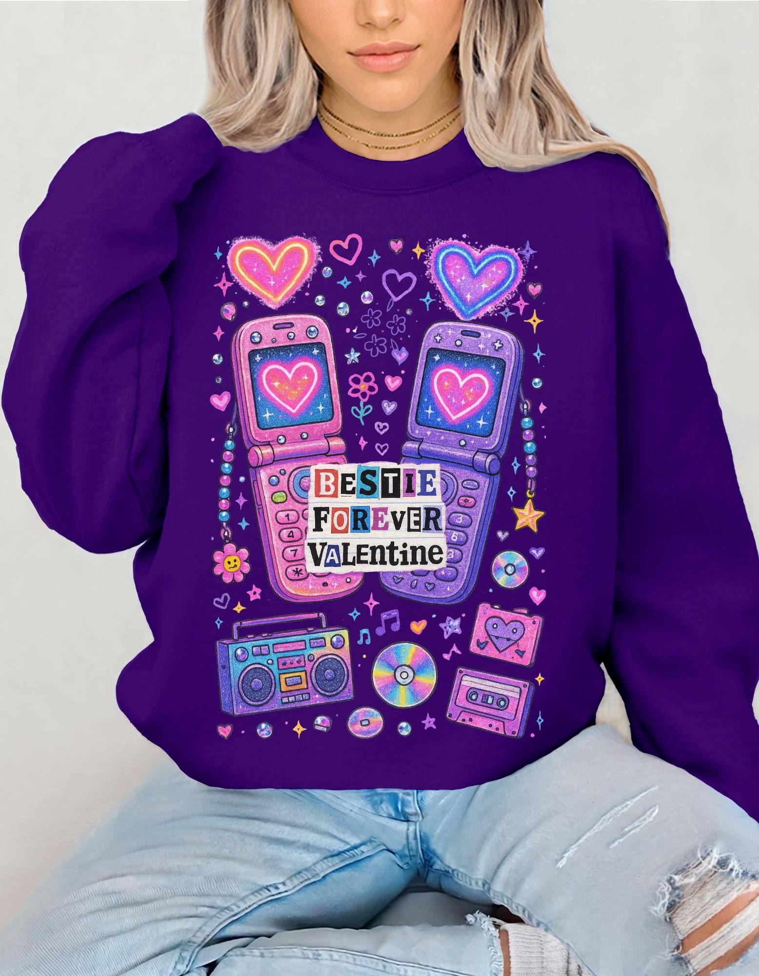 Bestie Forever Valentine Crewneck | Retro Phones Hearts Cassette Purple Pink Sweatshirt Gift