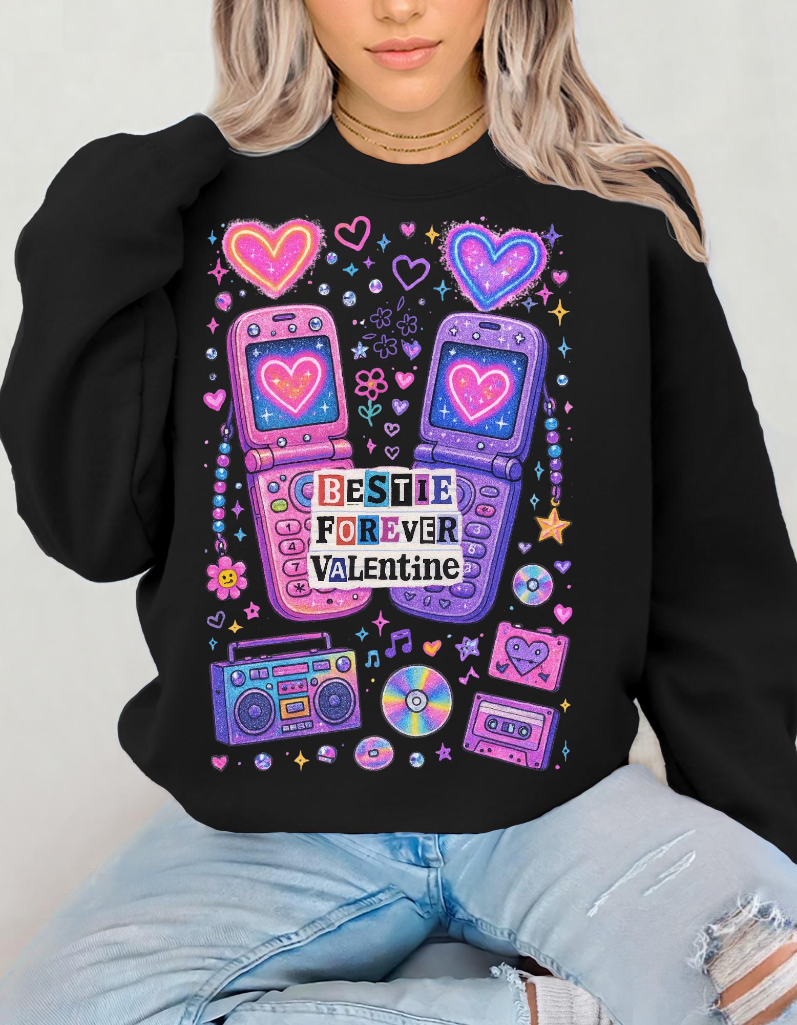 Bestie Forever Valentine Crewneck | Retro Phones Hearts Cassette Purple Pink Sweatshirt Gift