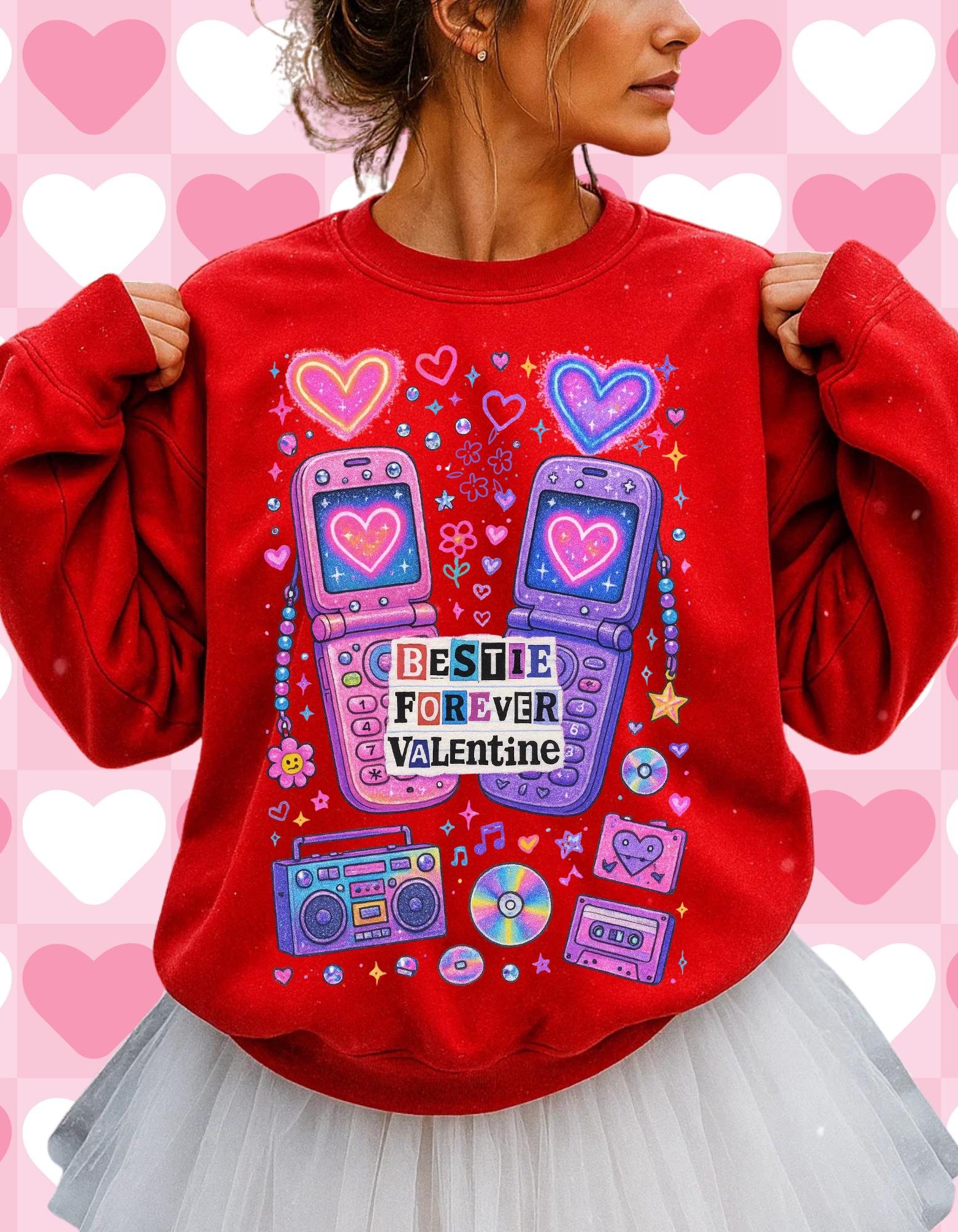 Bestie Forever Valentine Crewneck | Retro Phones Hearts Cassette Purple Pink Sweatshirt Gift