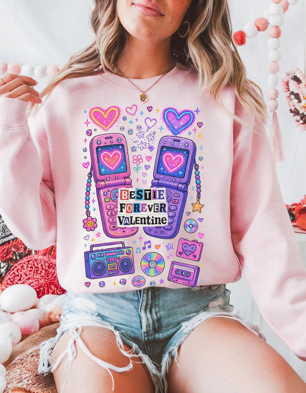 Bestie Forever Valentine Crewneck | Retro Phones Hearts Cassette Purple Pink Sweatshirt Gift