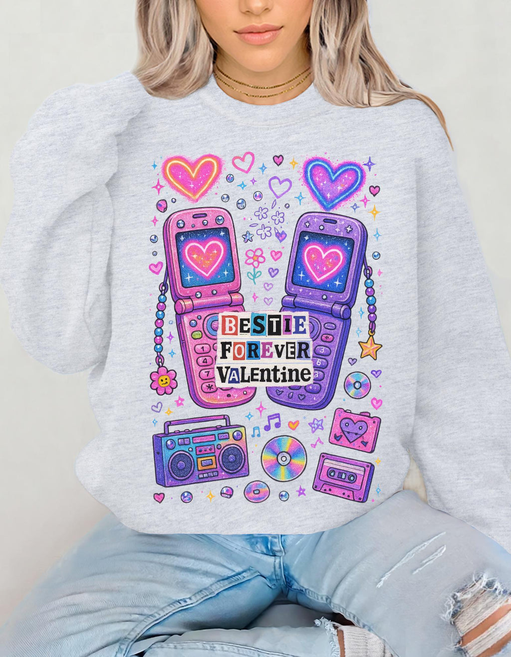 Bestie Forever Valentine Crewneck | Retro Phones Hearts Cassette Purple Pink Sweatshirt Gift