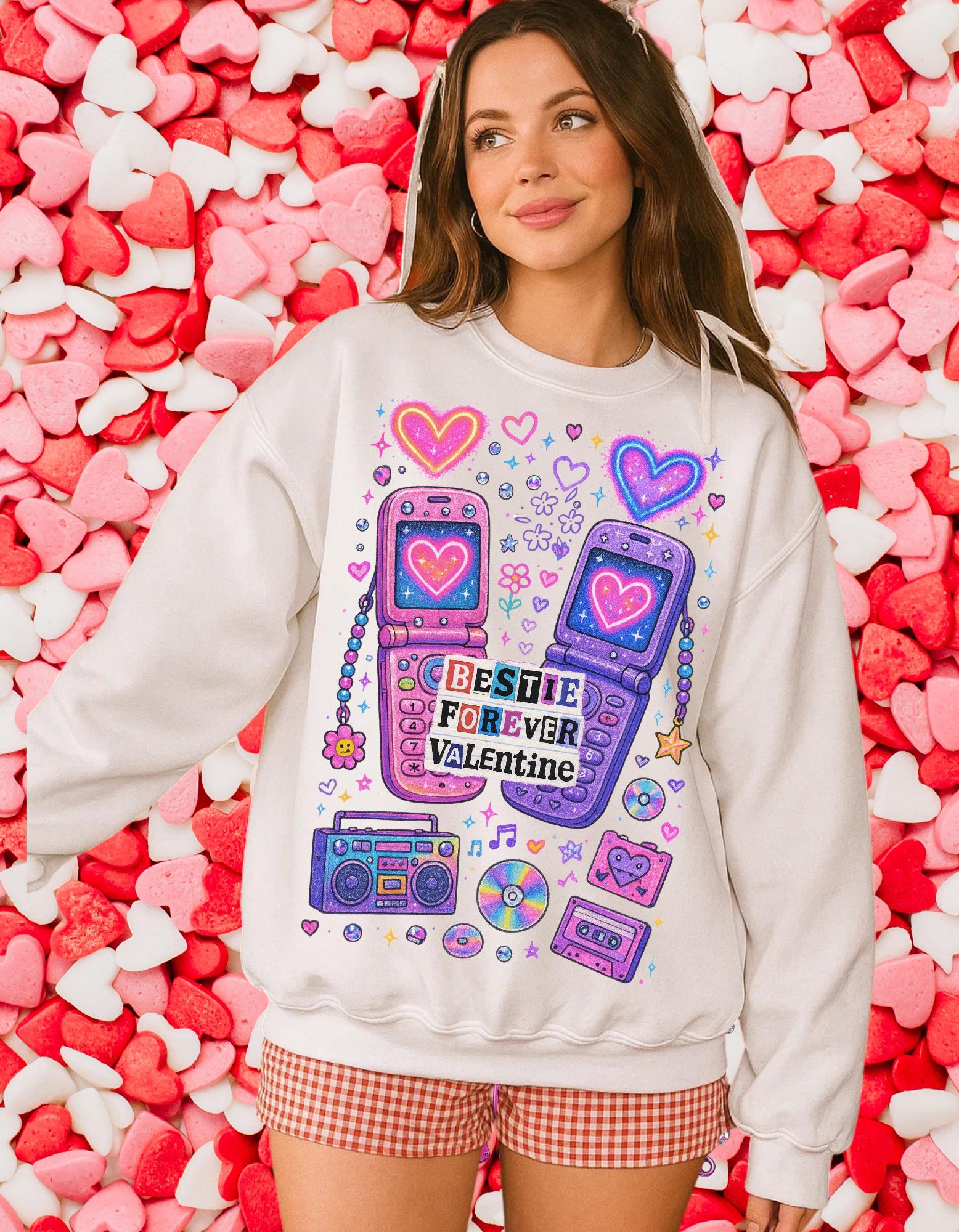 Bestie Forever Valentine Crewneck | Retro Phones Hearts Cassette Purple Pink Sweatshirt Gift
