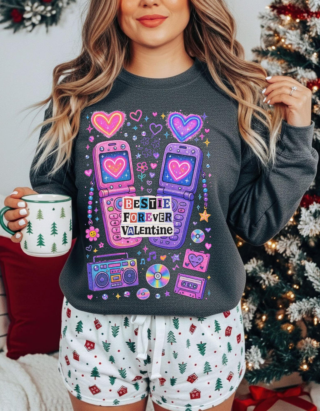 Bestie Forever Valentine Crewneck | Retro Phones Hearts Cassette Purple Pink Sweatshirt Gift