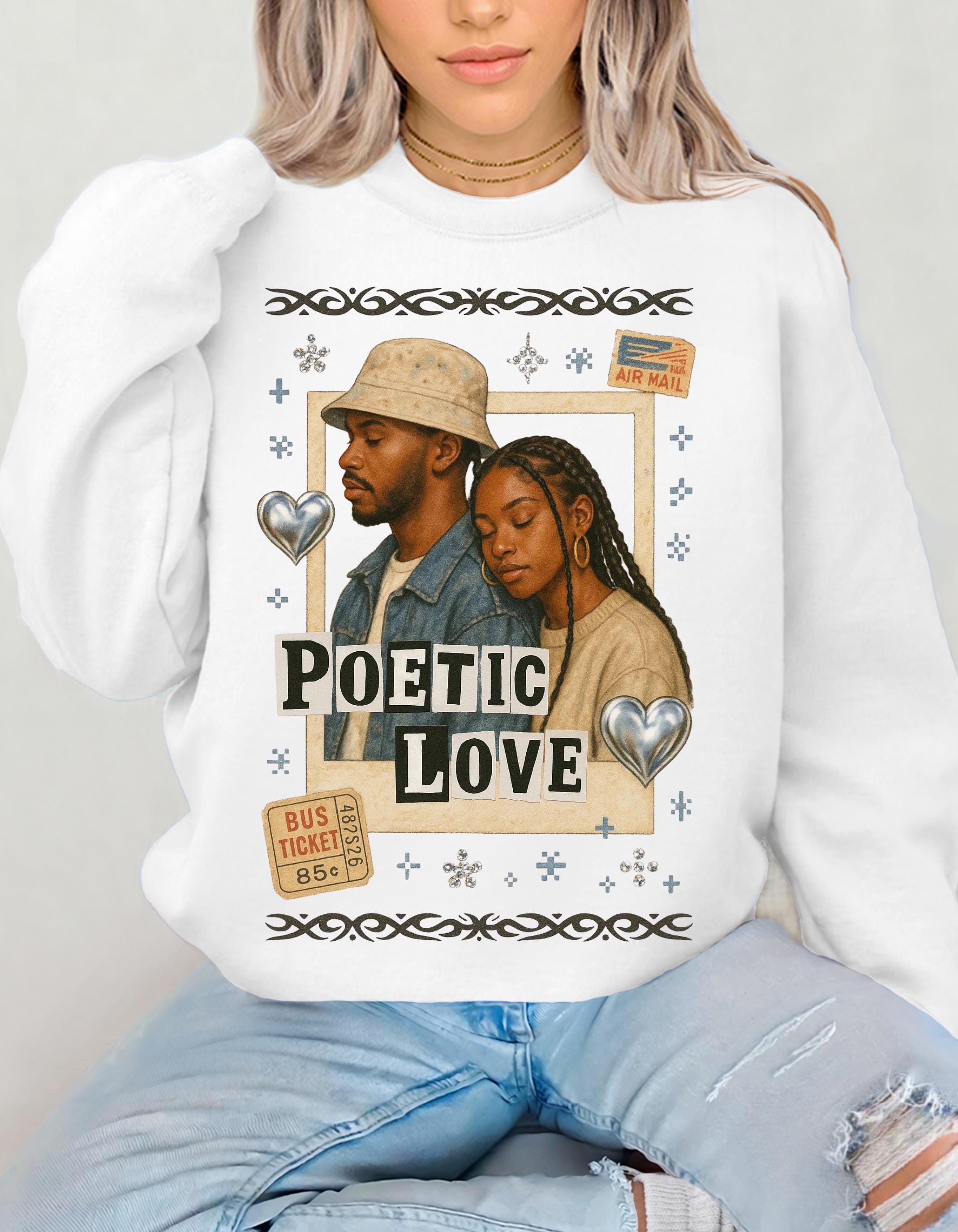 90s Black Romance Crewneck Sweatshirt, Poetic Love Nostalgia