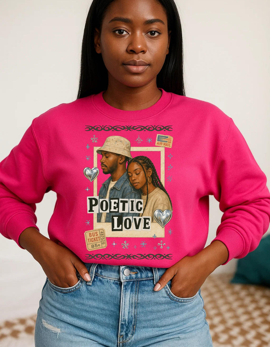 90s Black Romance Crewneck Sweatshirt, Poetic Love Nostalgia