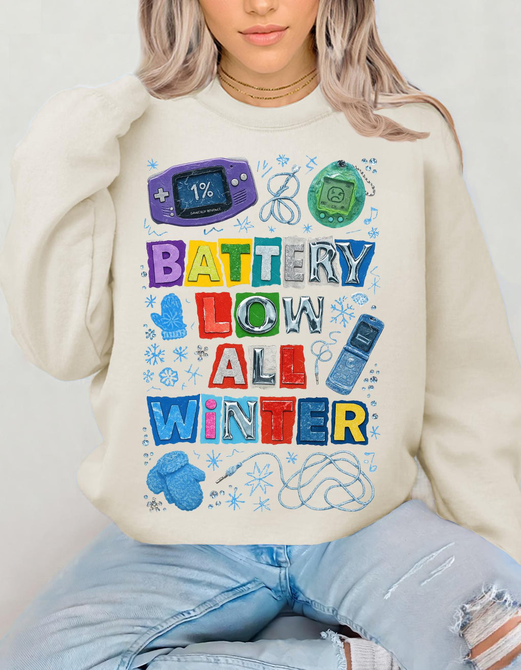 Y2K Nostalgia Crewneck Sweatshirt: Retro Handheld Games, Winter Burnout