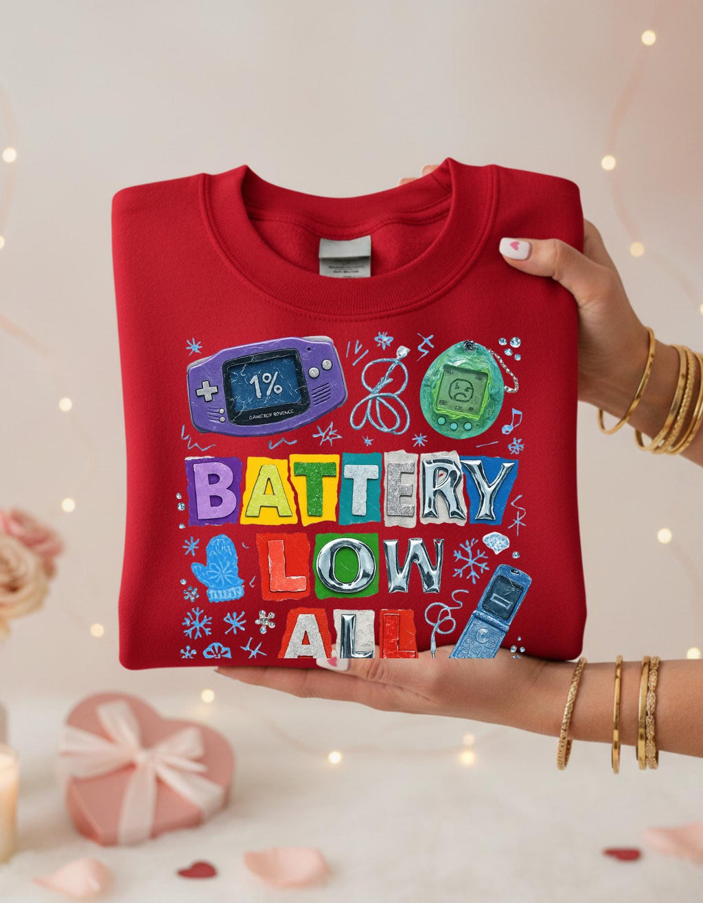 Y2K Nostalgia Crewneck Sweatshirt: Retro Handheld Games, Winter Burnout