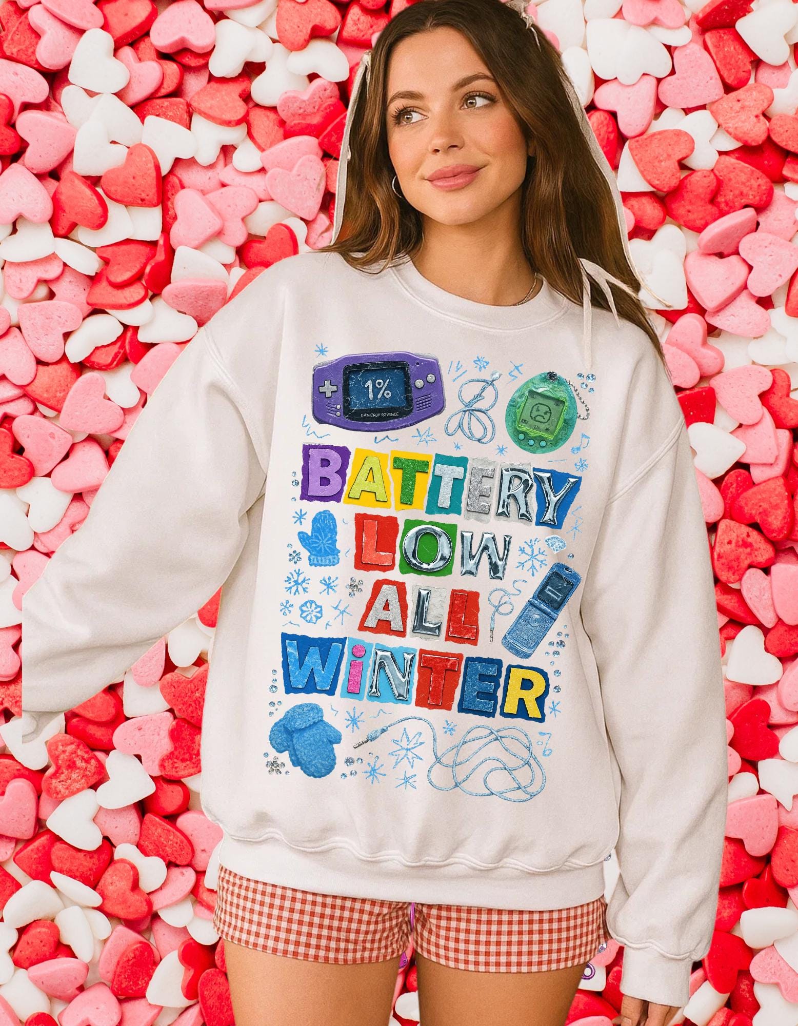 Y2K Nostalgia Crewneck Sweatshirt: Retro Handheld Games, Winter Burnout