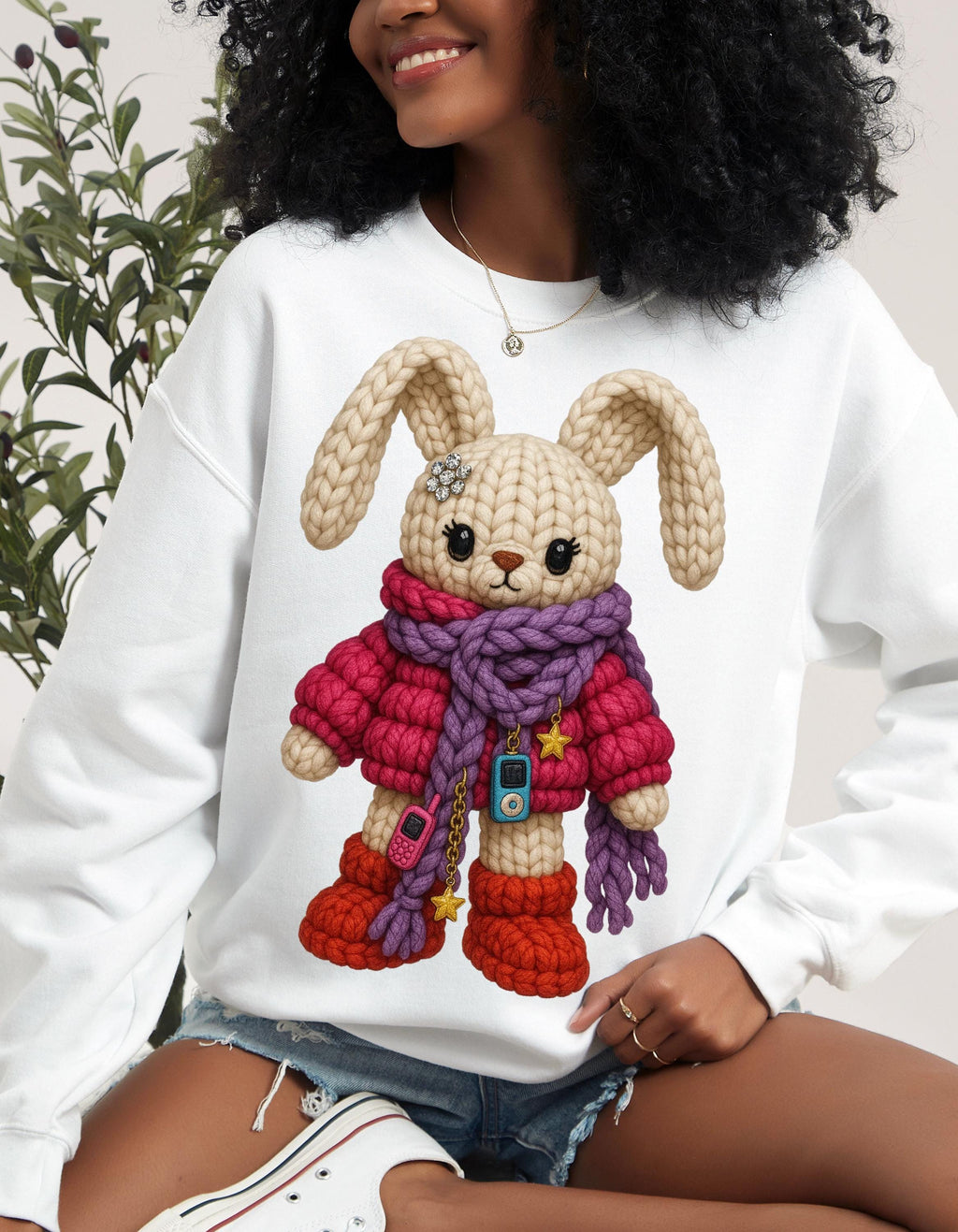 Faux Crochet Bunny Winter Scarf Sweatshirt | Cozy Knit Plush Rabbit Crewneck Sweater Gift