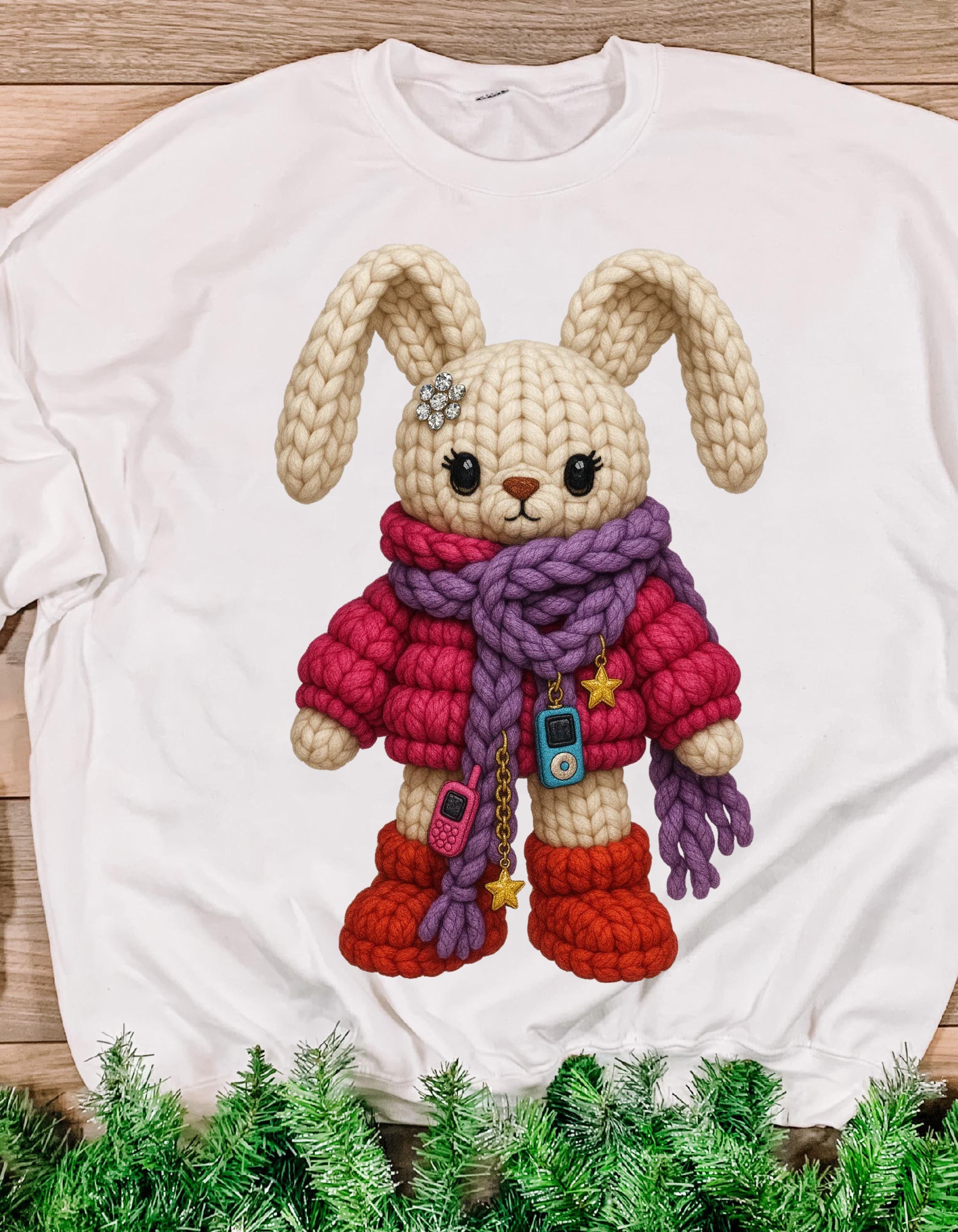 Faux Crochet Bunny Winter Scarf Sweatshirt | Cozy Knit Plush Rabbit Crewneck Sweater Gift