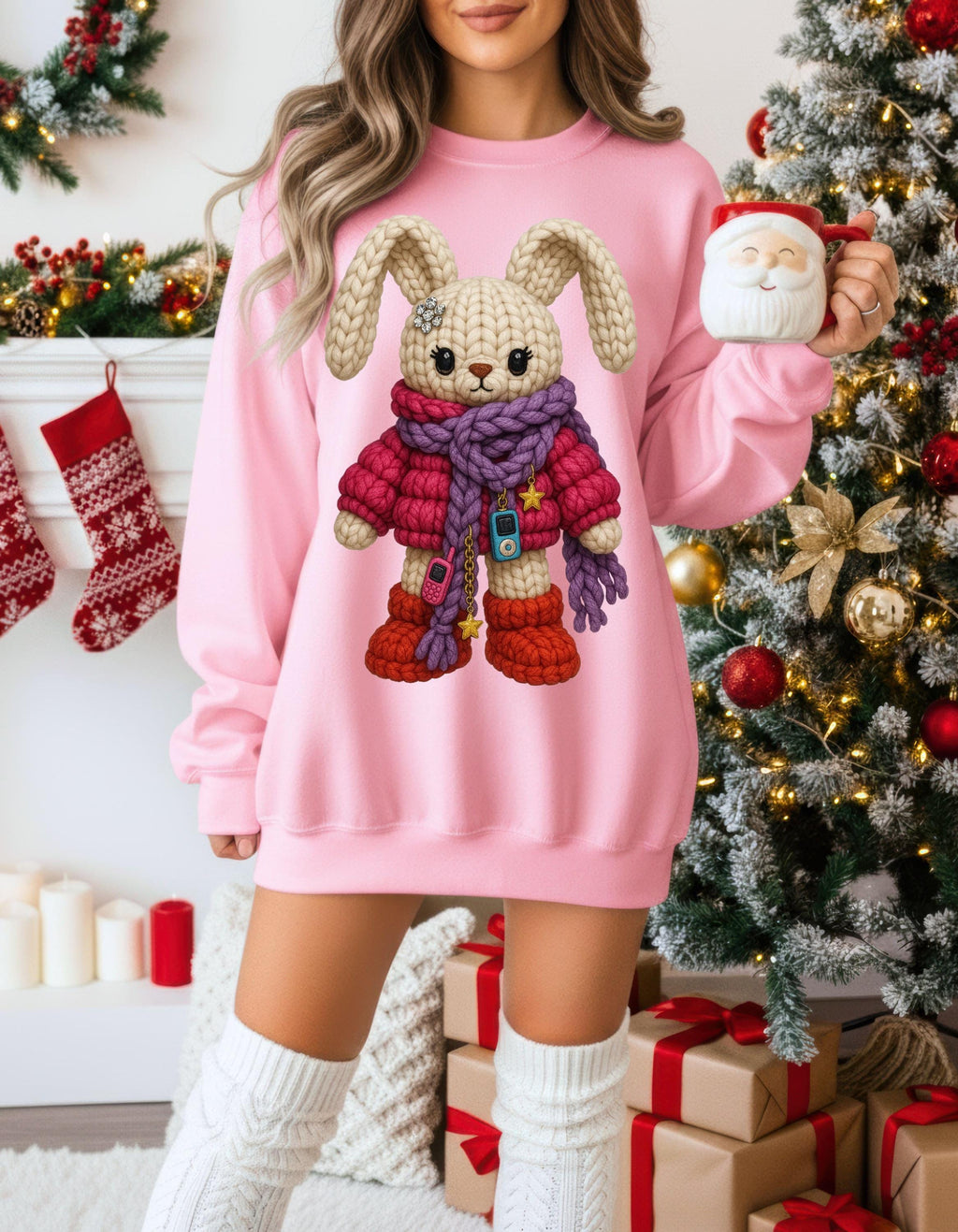 Faux Crochet Bunny Winter Scarf Sweatshirt | Cozy Knit Plush Rabbit Crewneck Sweater Gift