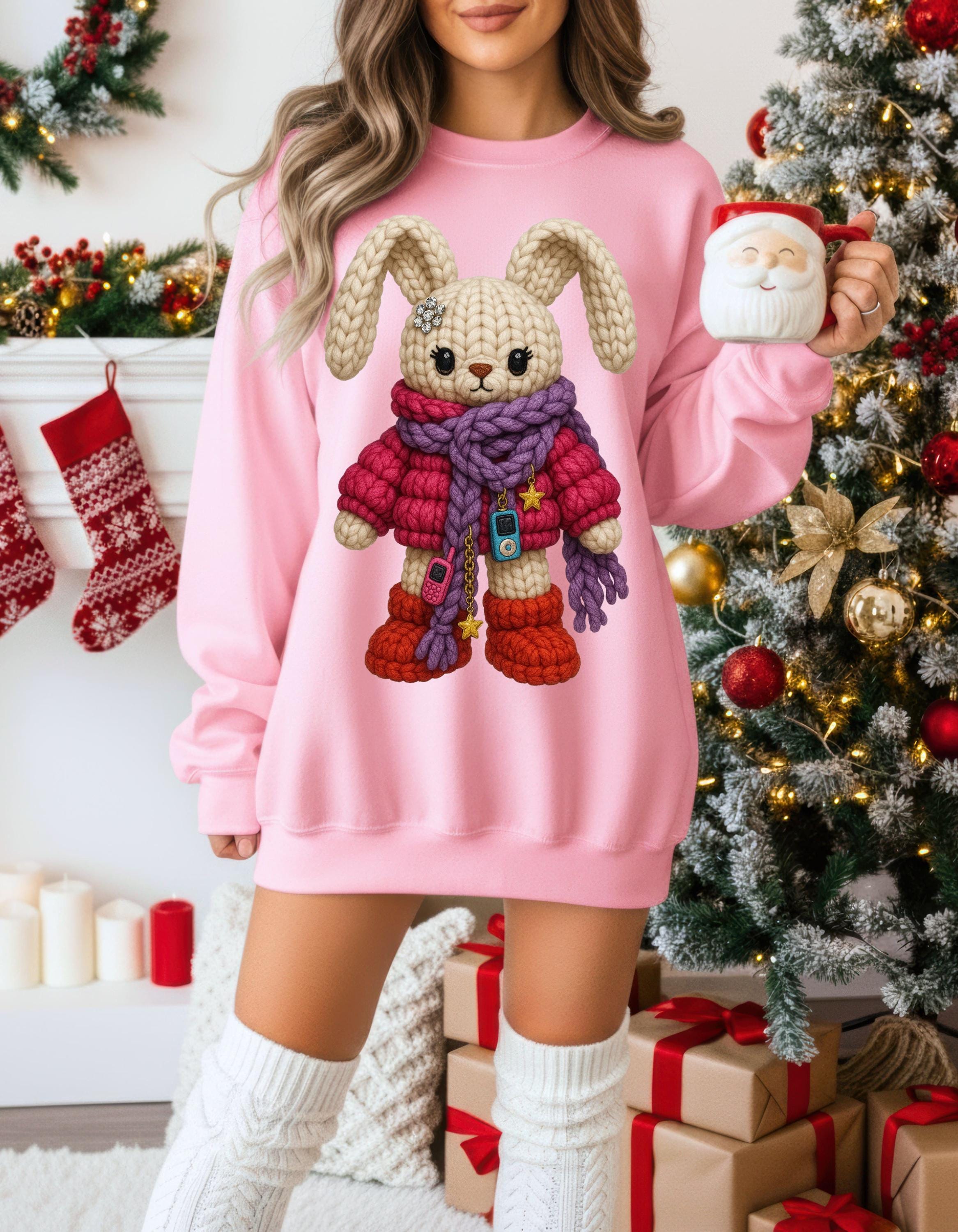 Faux Crochet Bunny Winter Scarf Sweatshirt | Cozy Knit Plush Rabbit Crewneck Sweater Gift