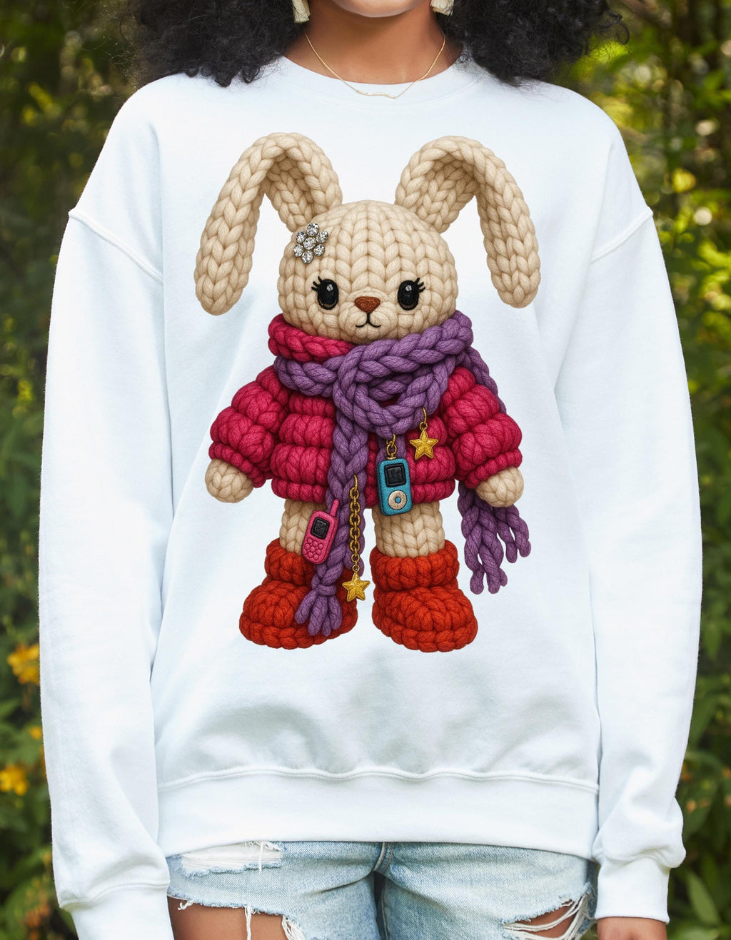 Faux Crochet Bunny Winter Scarf Sweatshirt | Cozy Knit Plush Rabbit Crewneck Sweater Gift