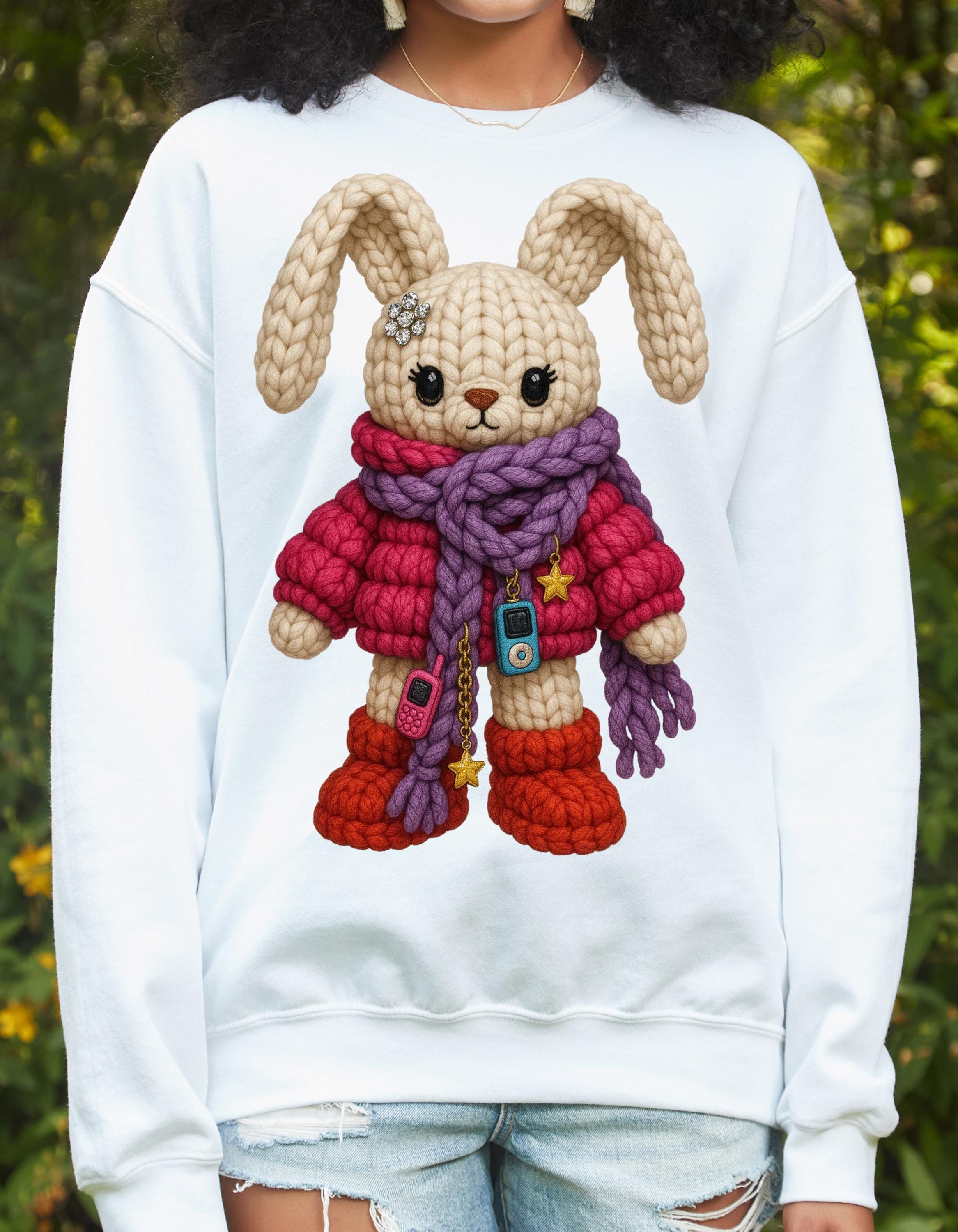 Faux Crochet Bunny Winter Scarf Sweatshirt | Cozy Knit Plush Rabbit Crewneck Sweater Gift