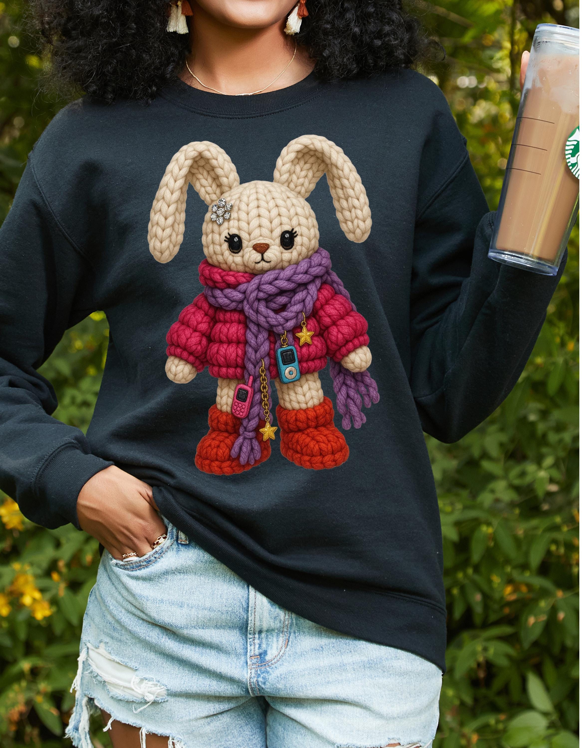 Faux Crochet Bunny Winter Scarf Sweatshirt | Cozy Knit Plush Rabbit Crewneck Sweater Gift