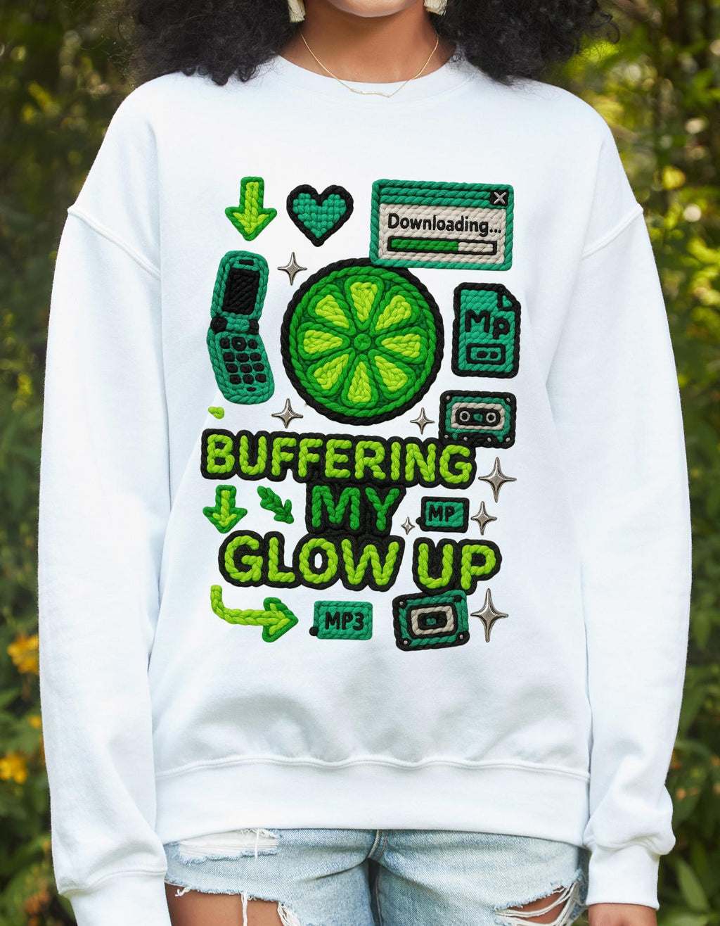Buffering My Glow Up Sweatshirt | Lime Slice Retro Tech Graphic Crewneck Unisex Streetwear,