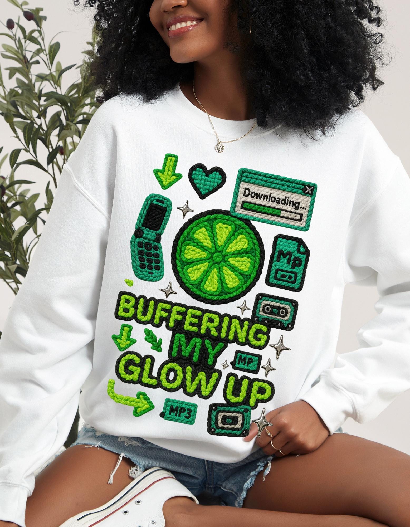 Buffering My Glow Up Sweatshirt | Lime Slice Retro Tech Graphic Crewneck Unisex Streetwear,
