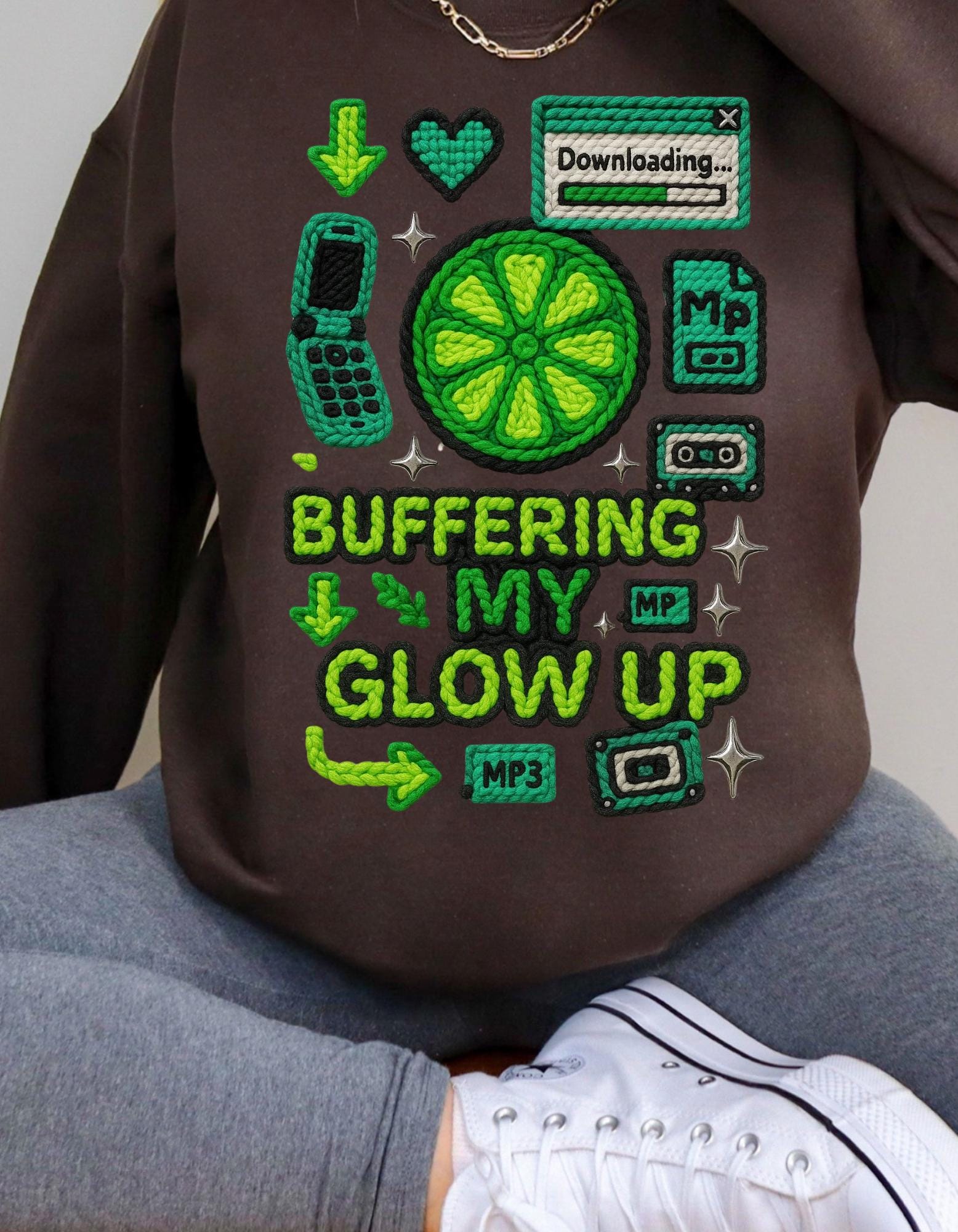 Buffering My Glow Up Sweatshirt | Lime Slice Retro Tech Graphic Crewneck Unisex Streetwear,