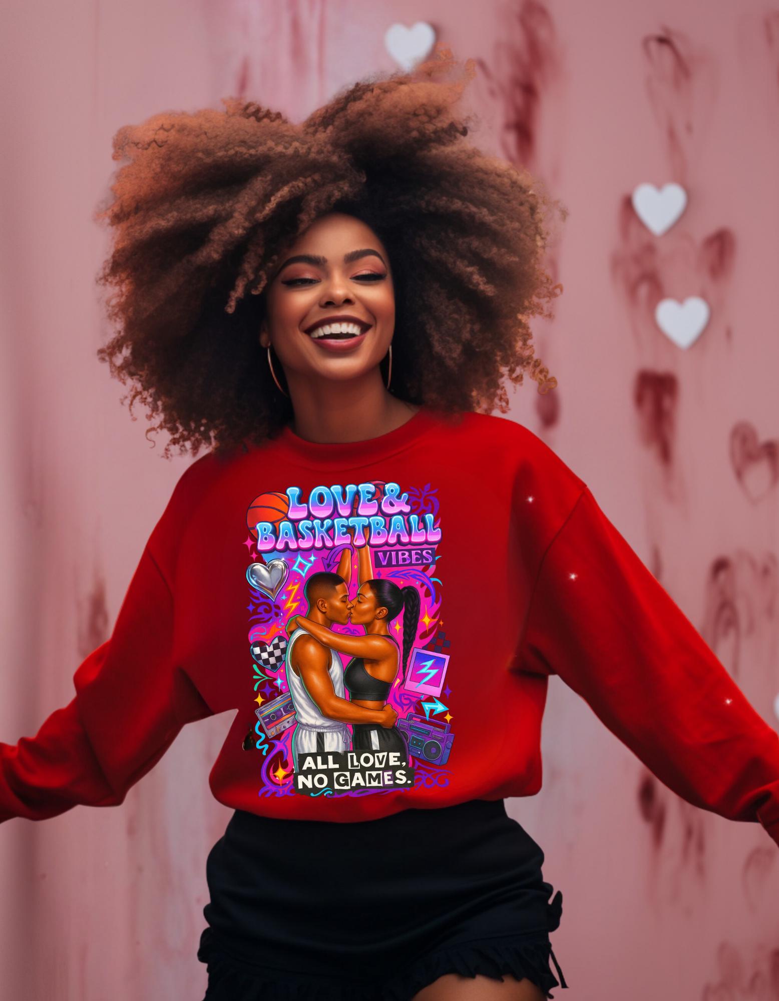90s Black Love Basketball Romance Crewneck Sweatshirt Unisex Couples Matching Retro Streetwear Jumper