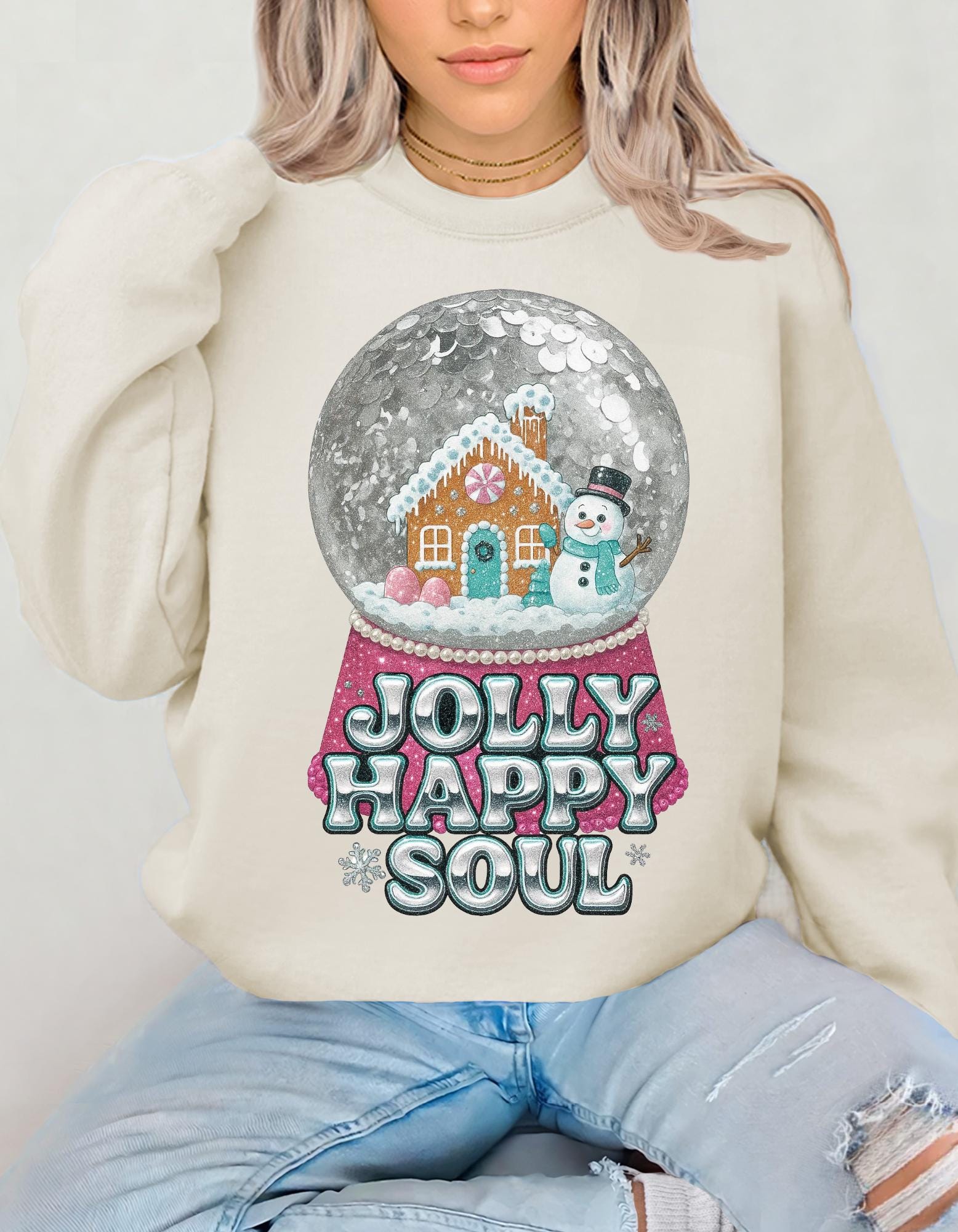 Gingerbread Snow Globe Jolly Happy Soul Christmas Holiday Crewneck Sweatshirt | Festive Winter Sweater