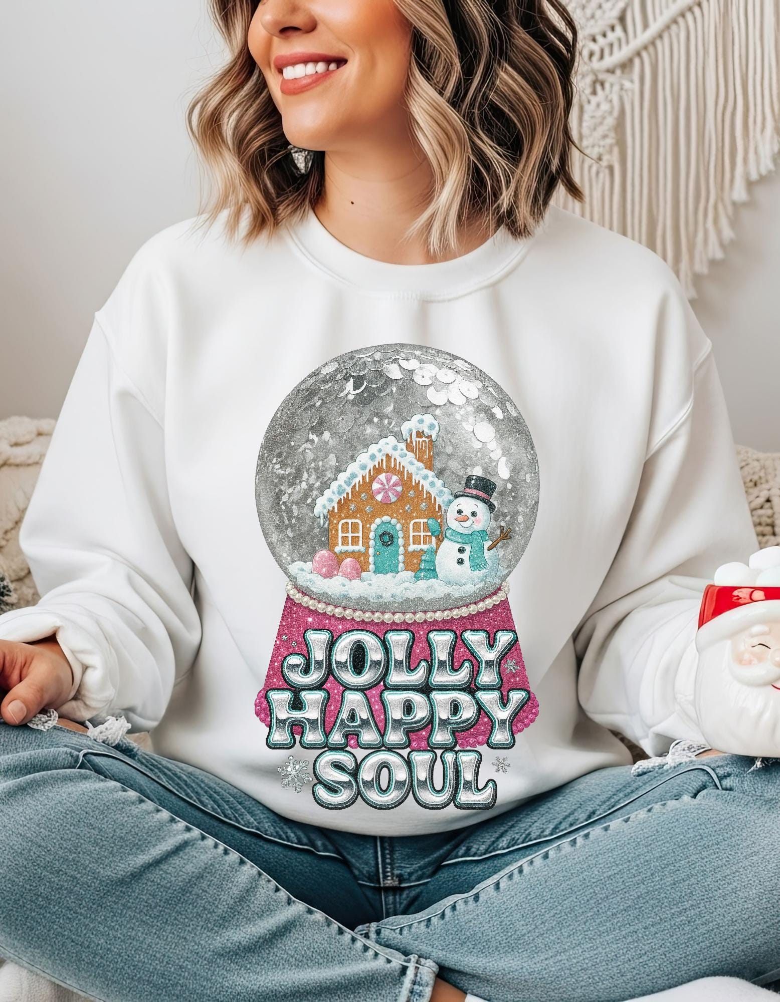 Gingerbread Snow Globe Jolly Happy Soul Christmas Holiday Crewneck Sweatshirt | Festive Winter Sweater