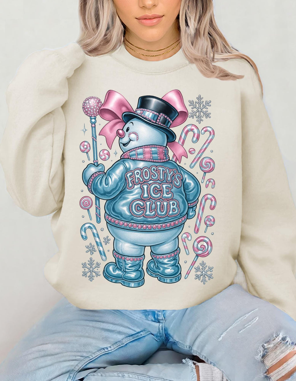 Frosty Ice Club Snowman Sweater Sweatshirt | Candy Cane Winter Holiday Design Crewneck Jumper