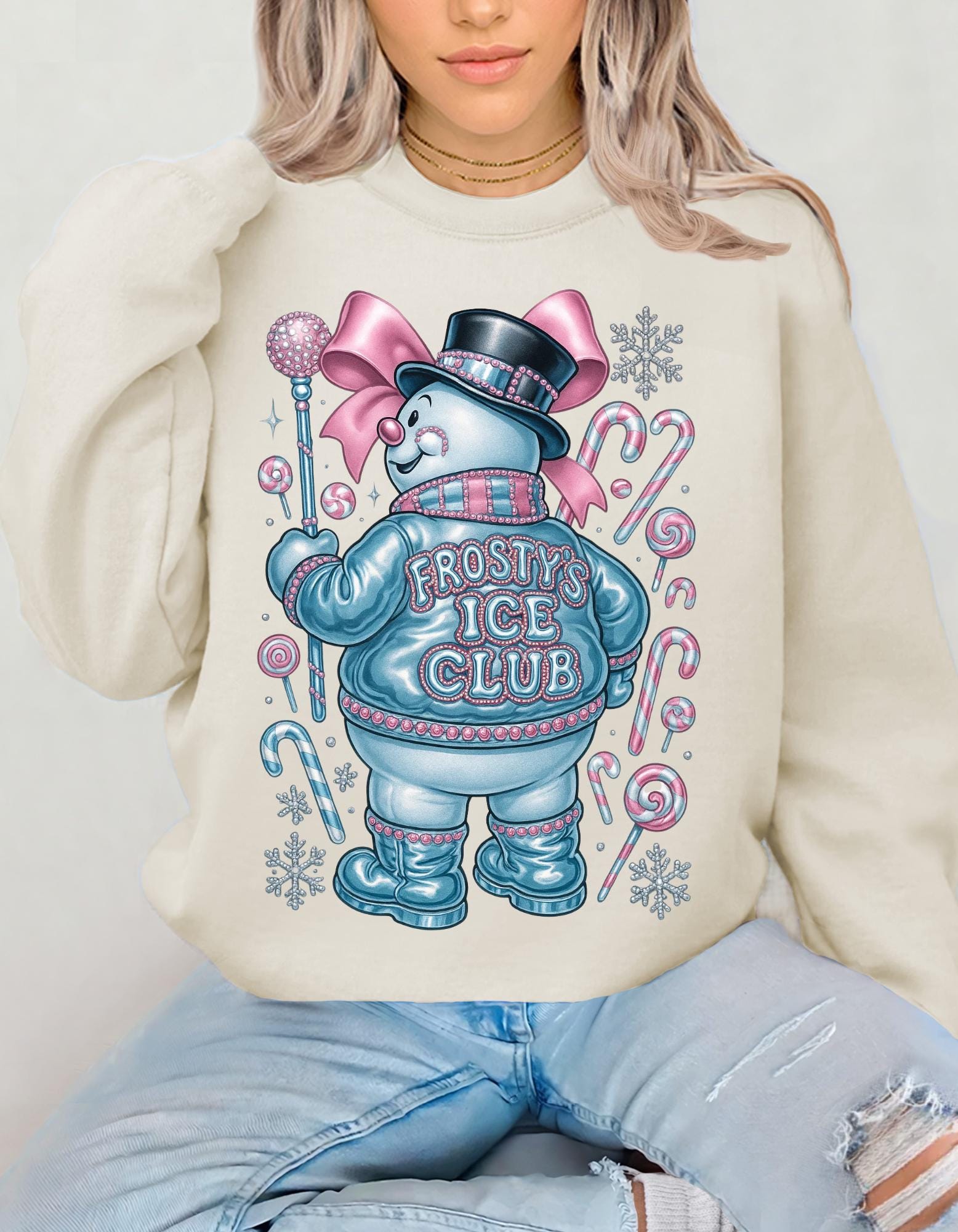 Frosty Ice Club Snowman Sweater Sweatshirt | Candy Cane Winter Holiday Design Crewneck Jumper