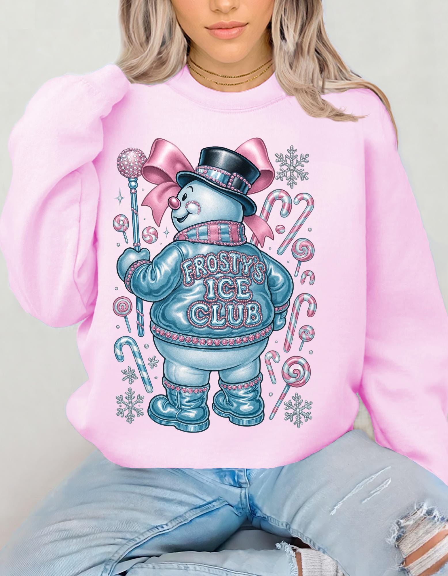 Frosty Ice Club Snowman Sweater Sweatshirt | Candy Cane Winter Holiday Design Crewneck Jumper