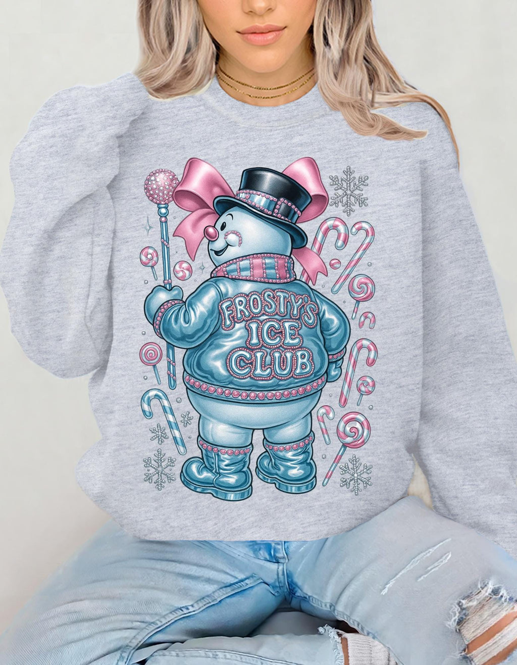 Frosty Ice Club Snowman Sweater Sweatshirt | Candy Cane Winter Holiday Design Crewneck Jumper