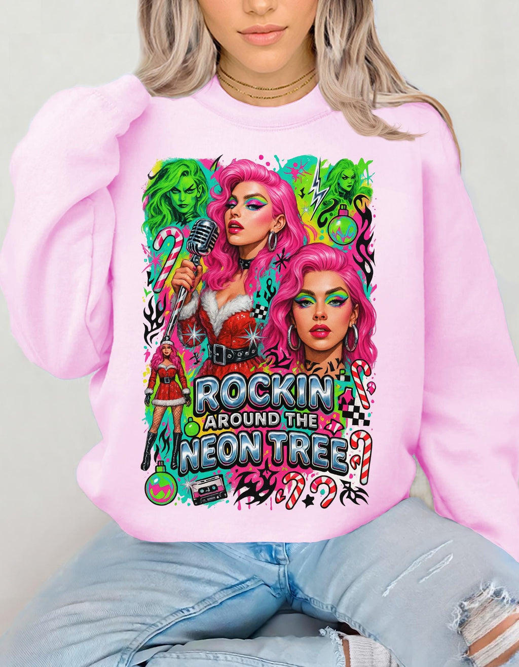 Neon Drag Queen Holiday Sweatshirt | Rockin' Around the Tree Art